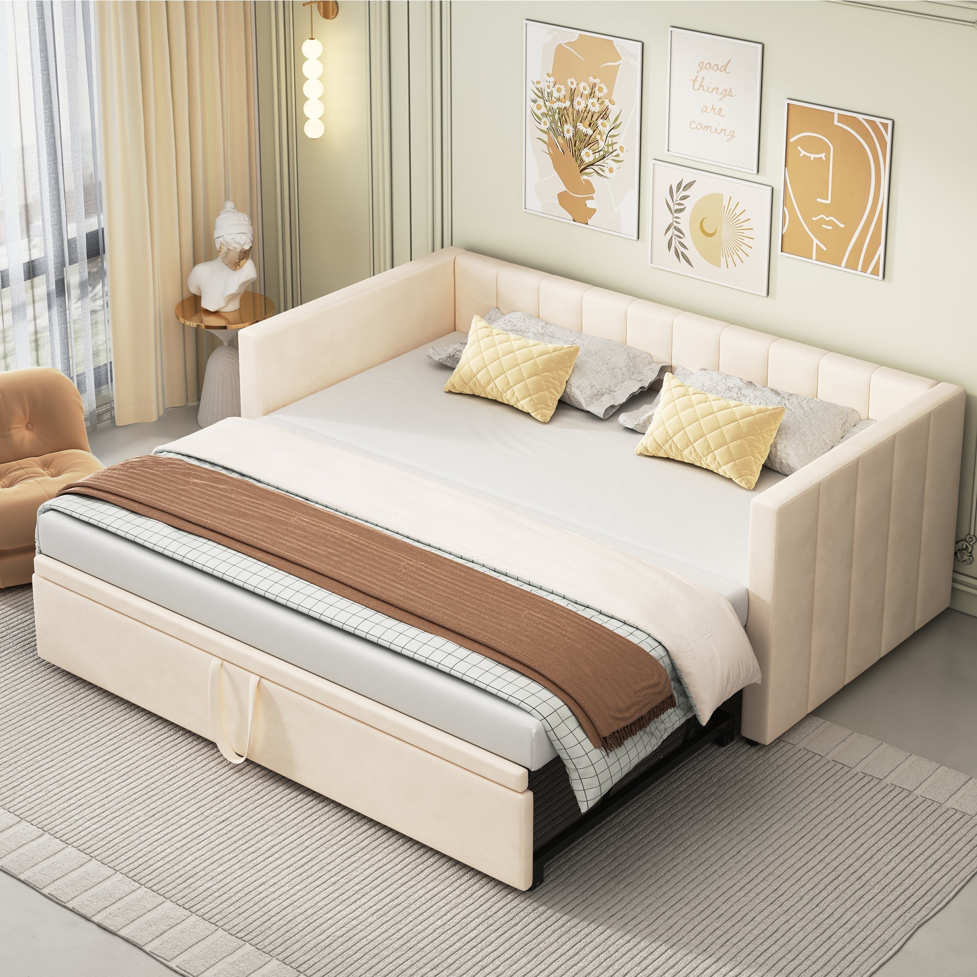 Upholstered Bed Extendable Sofa Bed 90/180x200cm Multifunctional Slatted Base Velvet Fabric Beige