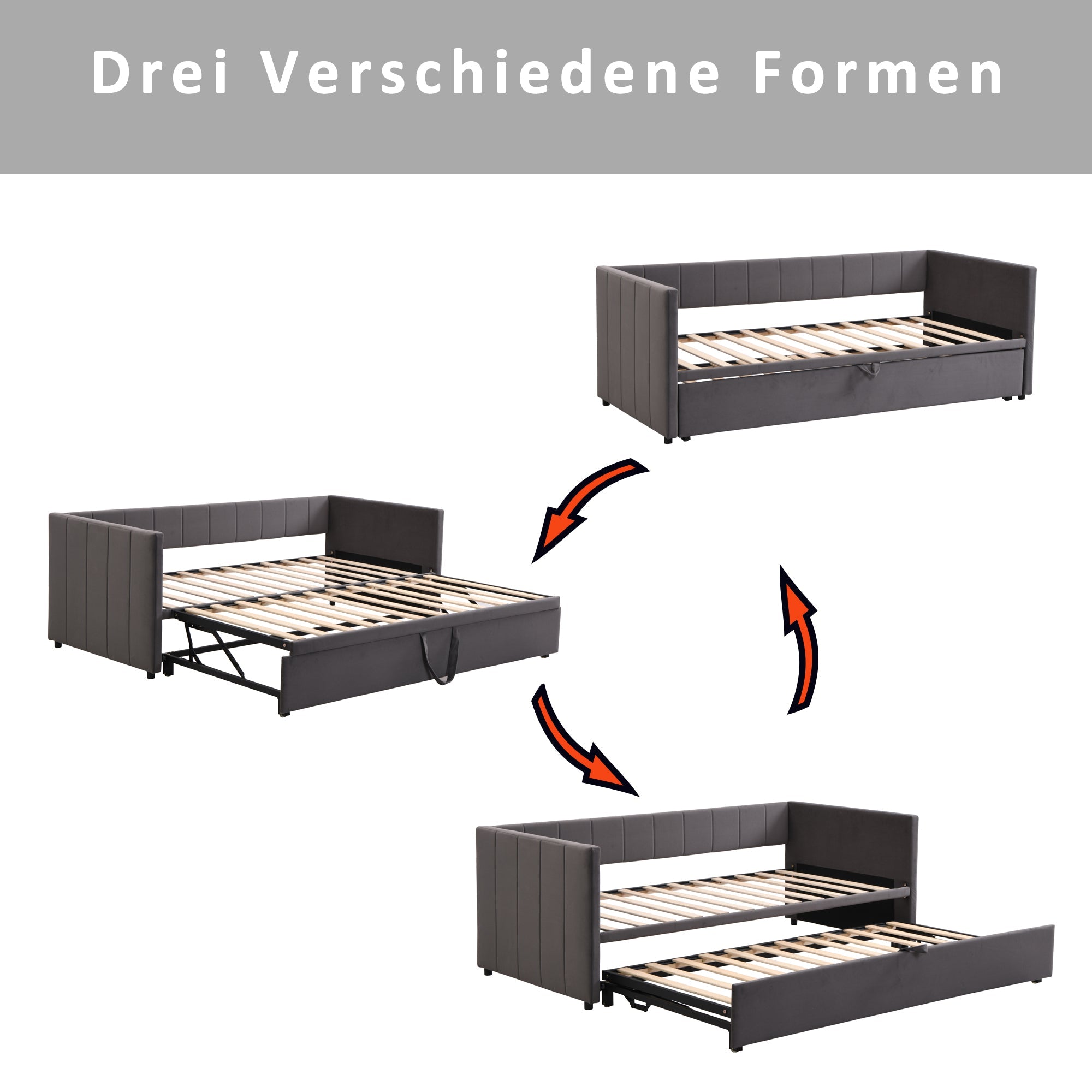 Upholstered Bed, Pull-Out Sofa Bed 90/180x200 cm with Slatted Frames, Multifunctional Velvet Fabric, Grey