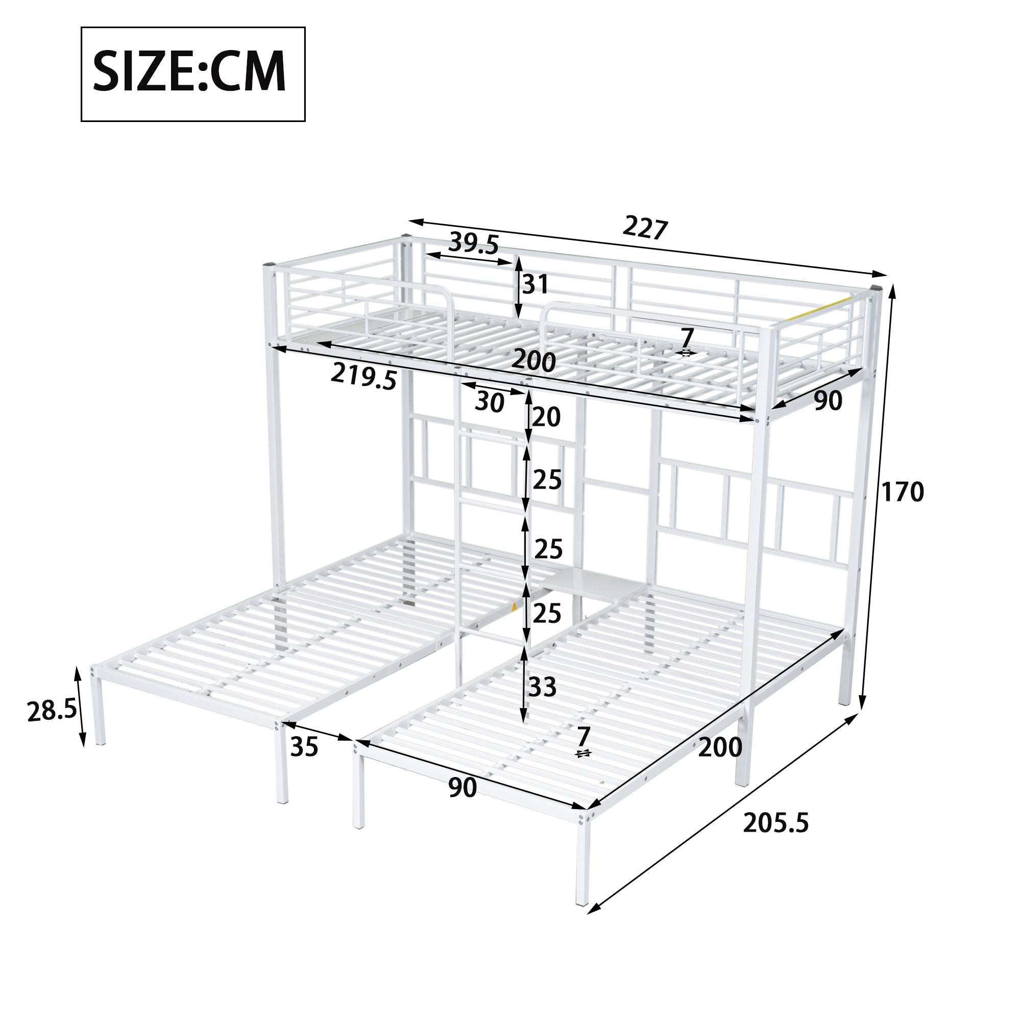 Triple Bed, Bunk Bed with Ladder, Safety Rail & Table, Iron White