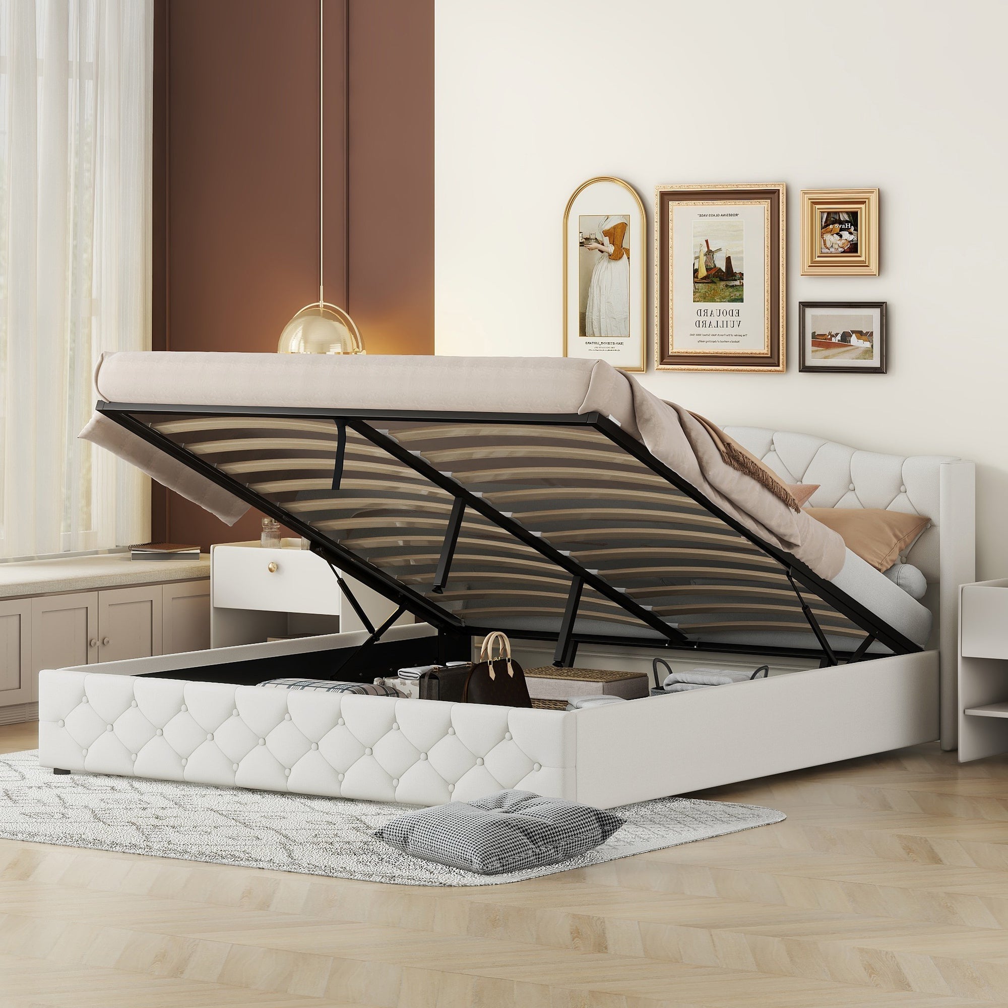 Multifunctional Flat Bed with Hydraulic Storage, 180 x 200, Beige