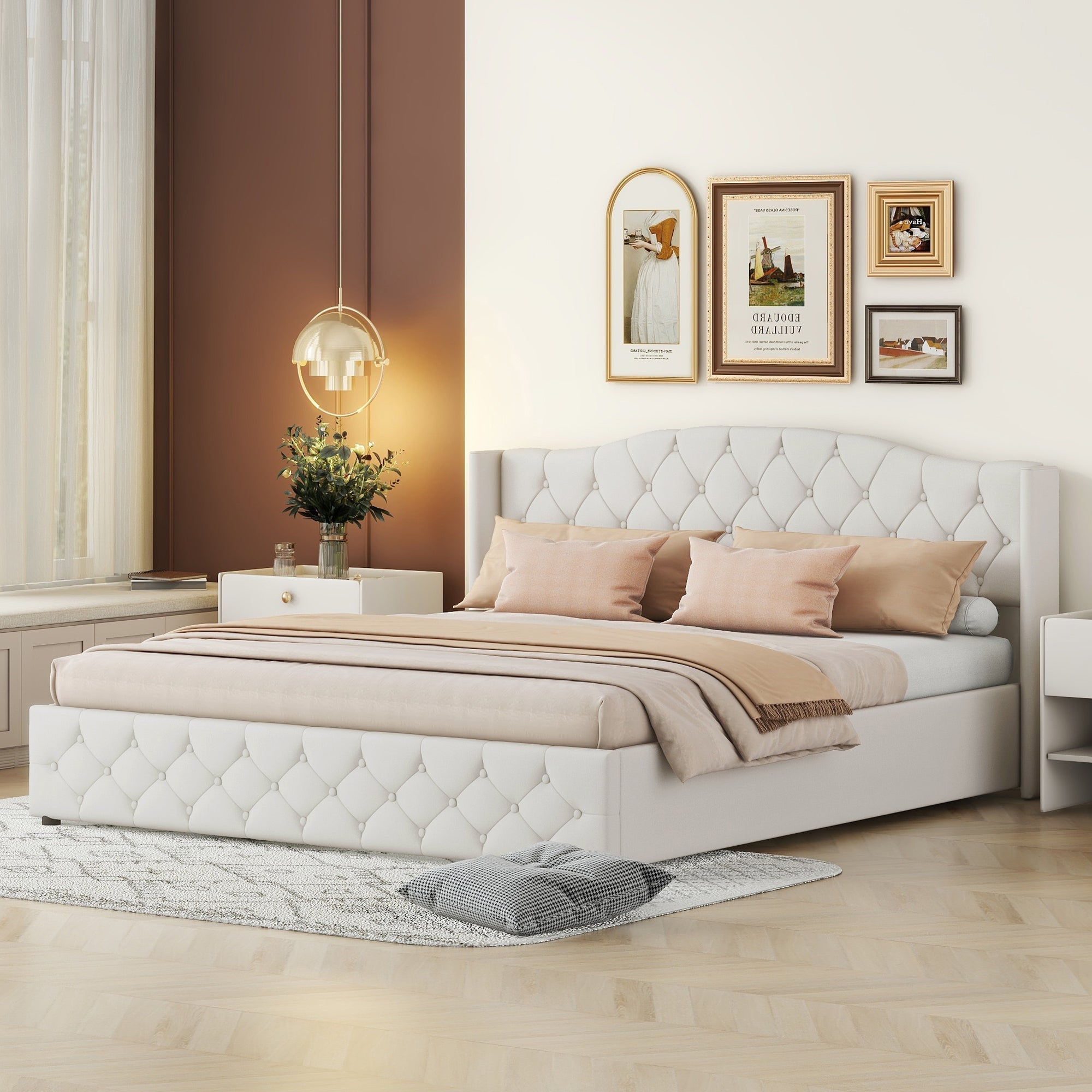 Multifunctional Flat Bed with Hydraulic Storage, 180 x 200, Beige