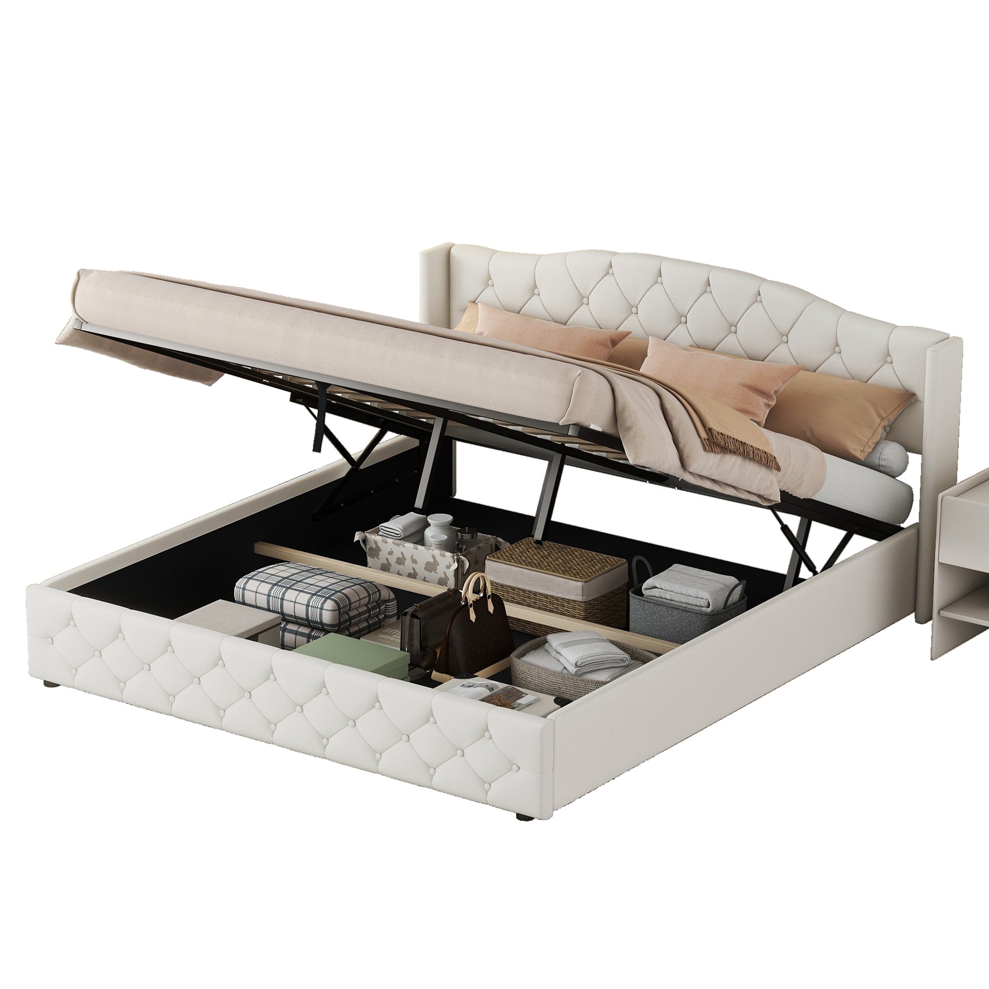Multifunctional Flat Bed with Hydraulic Storage, 180 x 200, Beige