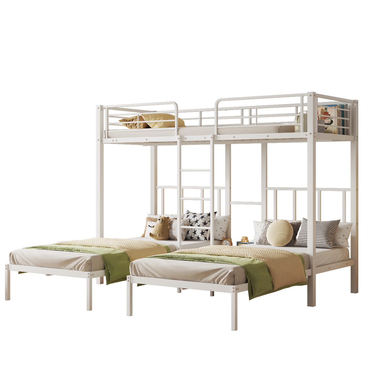 Triple Bed, Bunk Bed with Ladder, Safety Rail & Table, Iron White