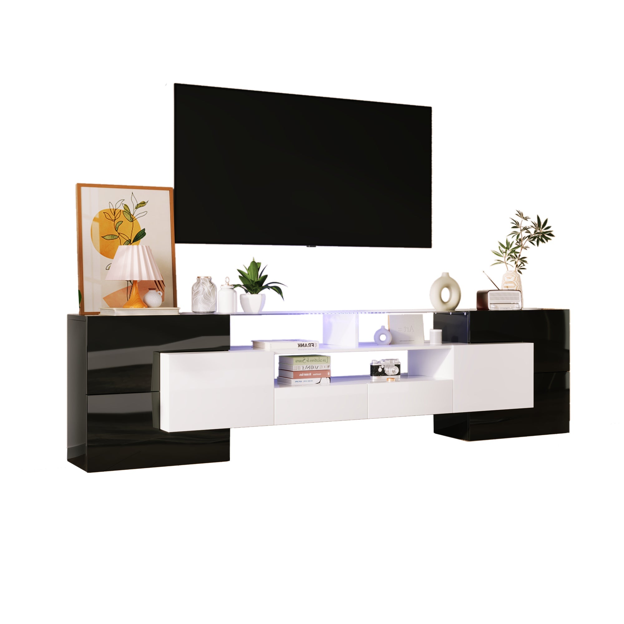 TV Cabinet, 200cm LED Low Panel, High-Gloss White & Black