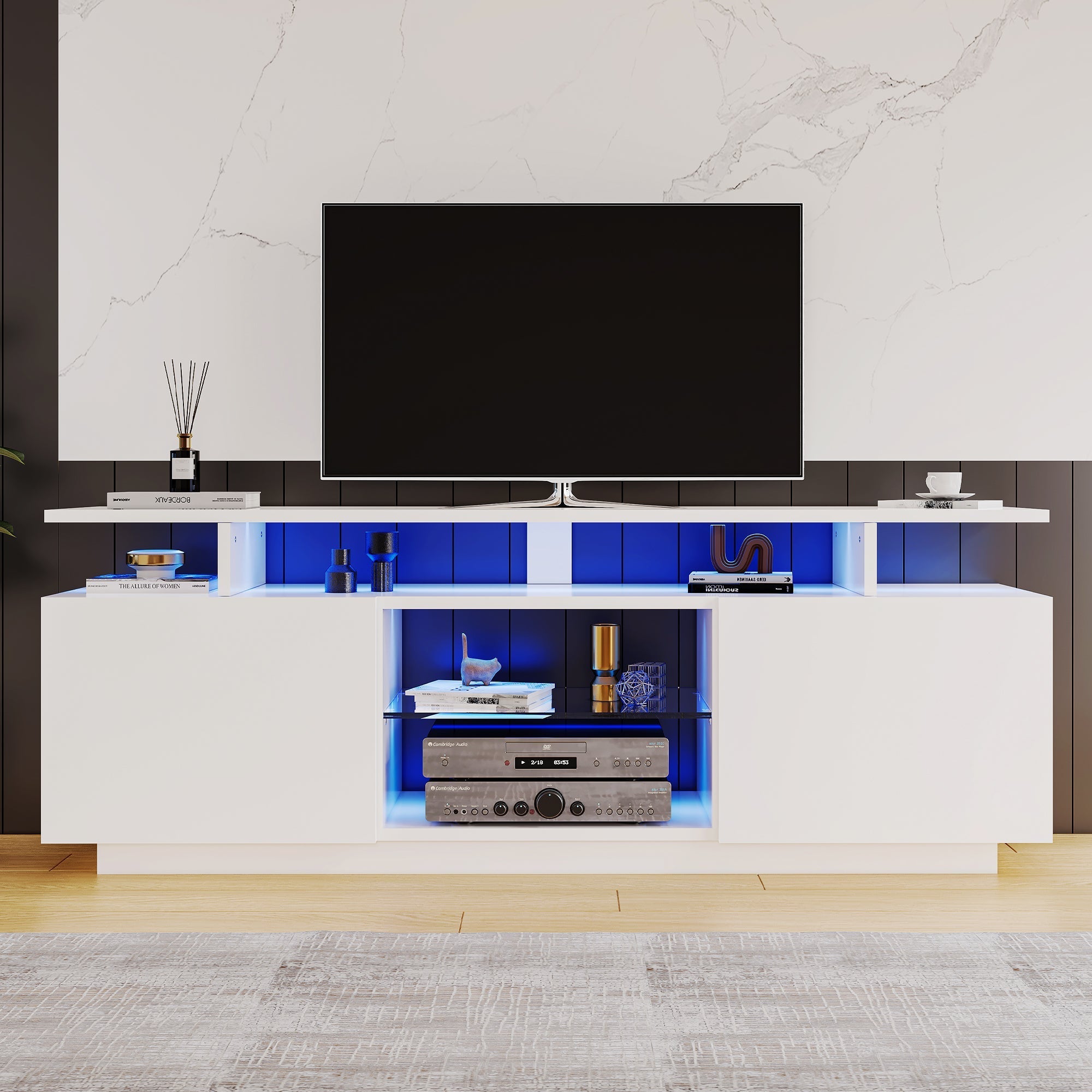 TV Cabinet 1.4m 16-Color LED High-Gloss Doors Glass Shelves - White