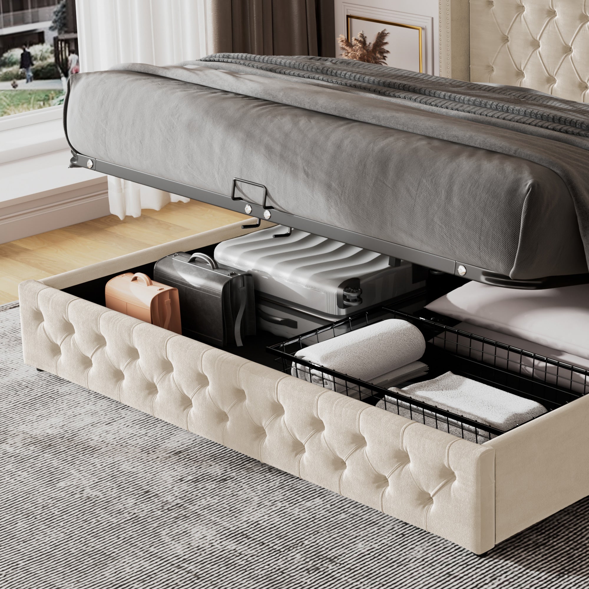 Upholstered Bed, Hydraulic Lift & Storage, 150x200cm Velvet, Beige