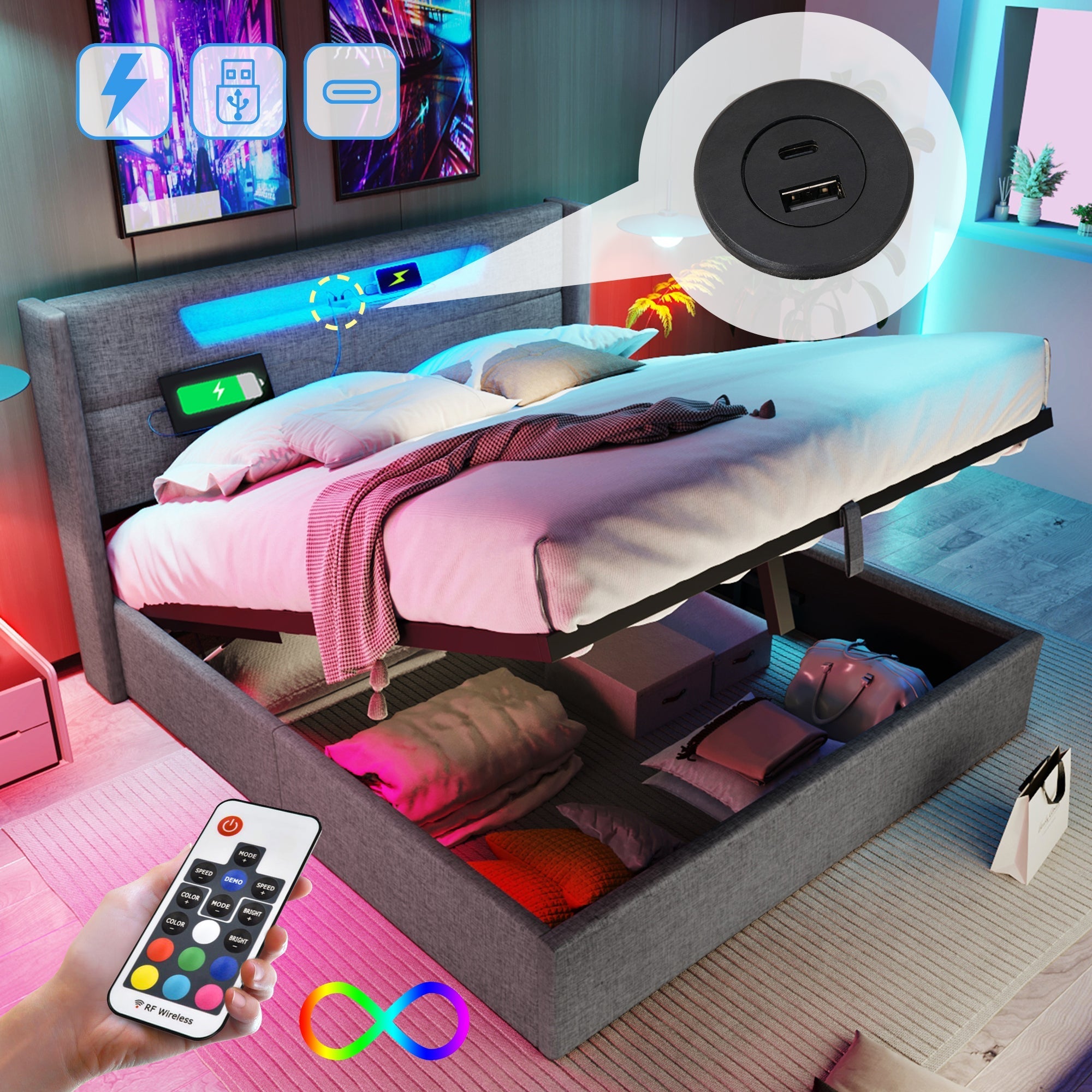 Upholstered Bed, LED Double with USB Type C & Storage, Linen