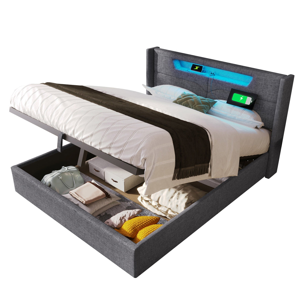 Upholstered Bed 140x200 LED USB-C Storage Slatted Base with Mattress, Linen