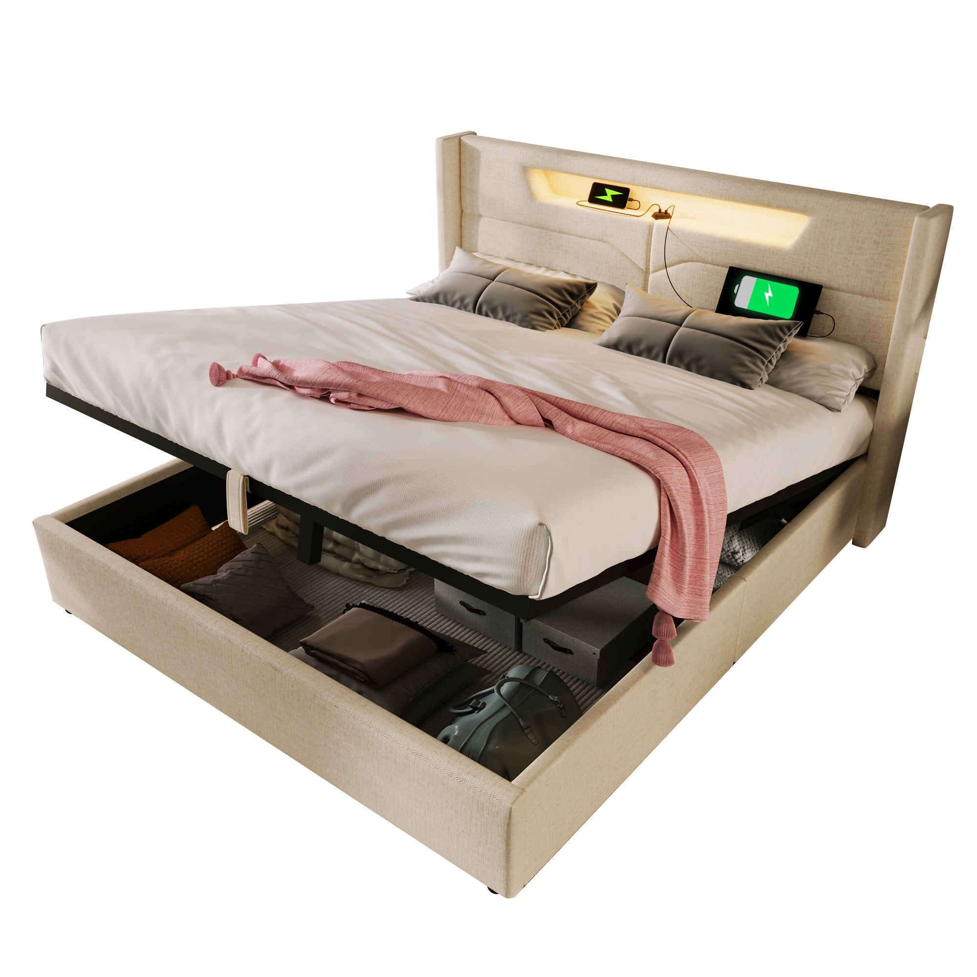Upholstered Bed 160x200 LED USB-C Storage Slatted Base Linen