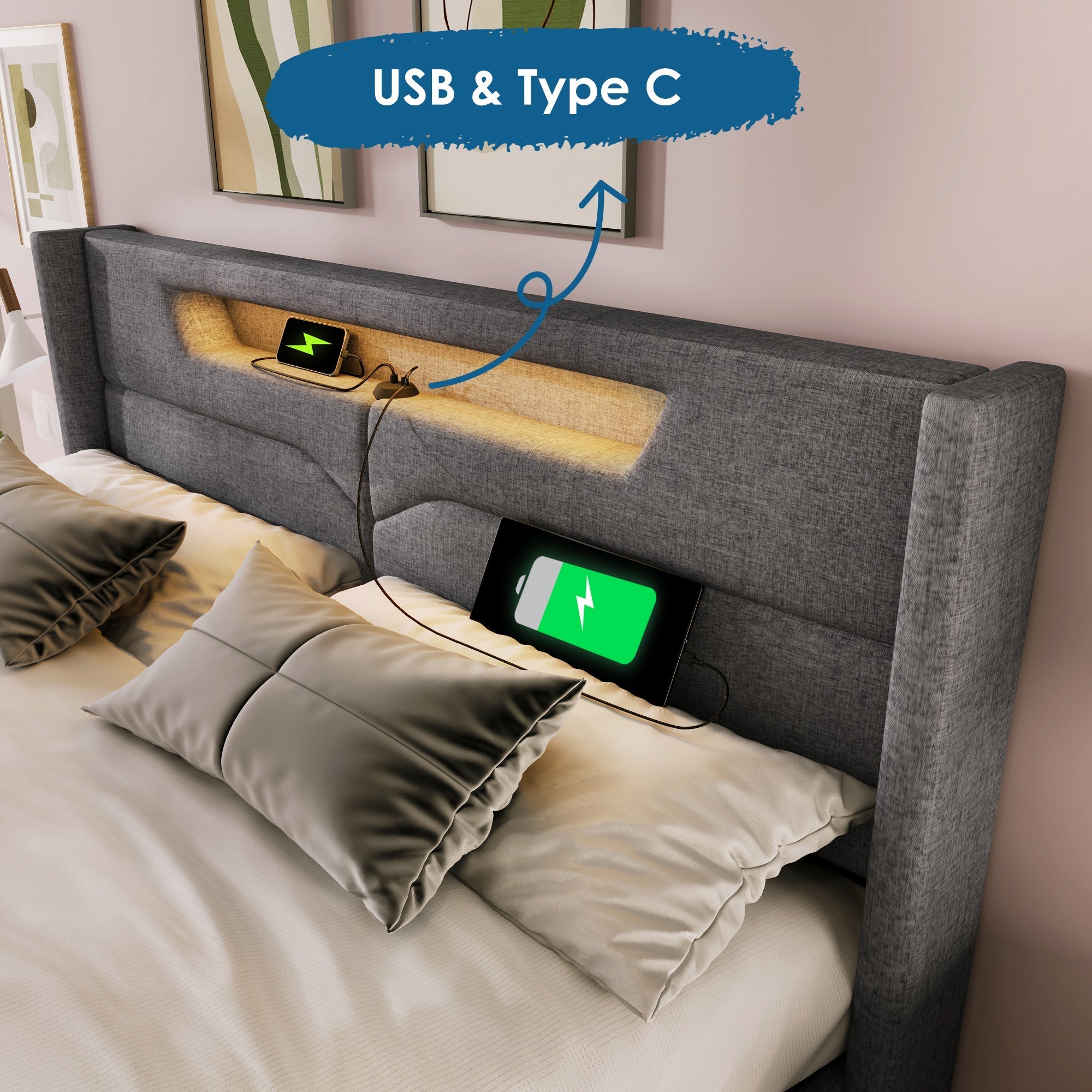 Upholstered Bed, LED Double with USB Type C Charging, Storage & Slatted Frame, Linen