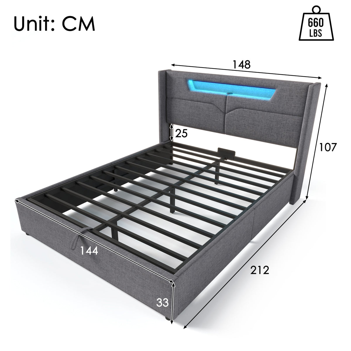 Upholstered Bed 140x200 LED USB-C Storage Slatted Base with Mattress, Linen