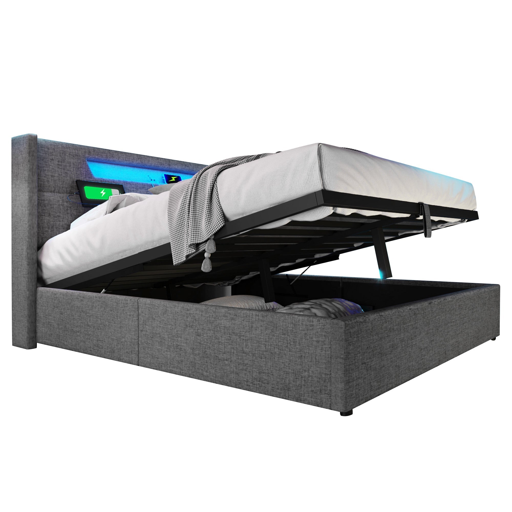 Upholstered Bed, LED Double with USB Type C Charging, Storage & Slatted Frame, Linen