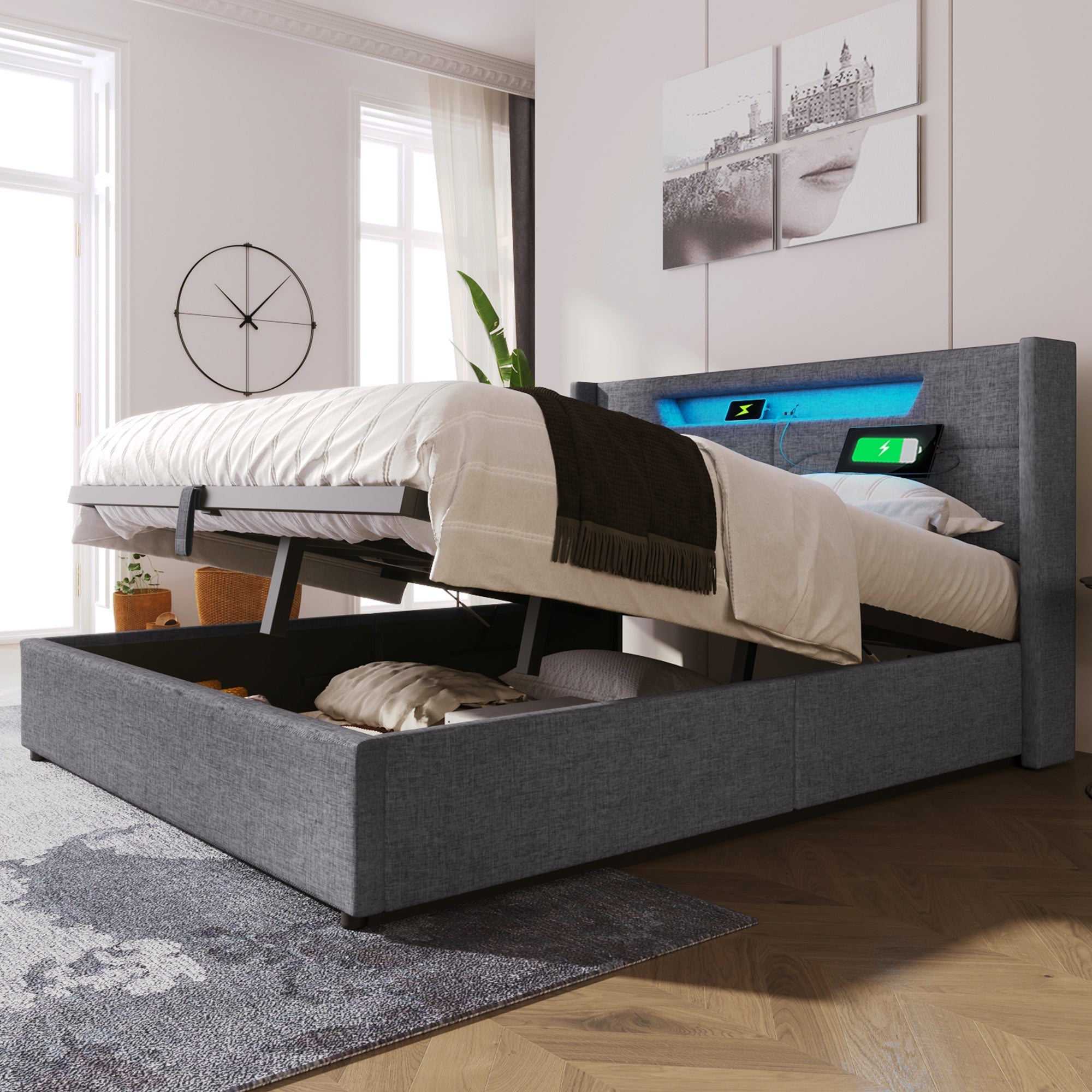 Upholstered Bed 140x200 LED USB-C Storage Slatted Base with Mattress, Linen