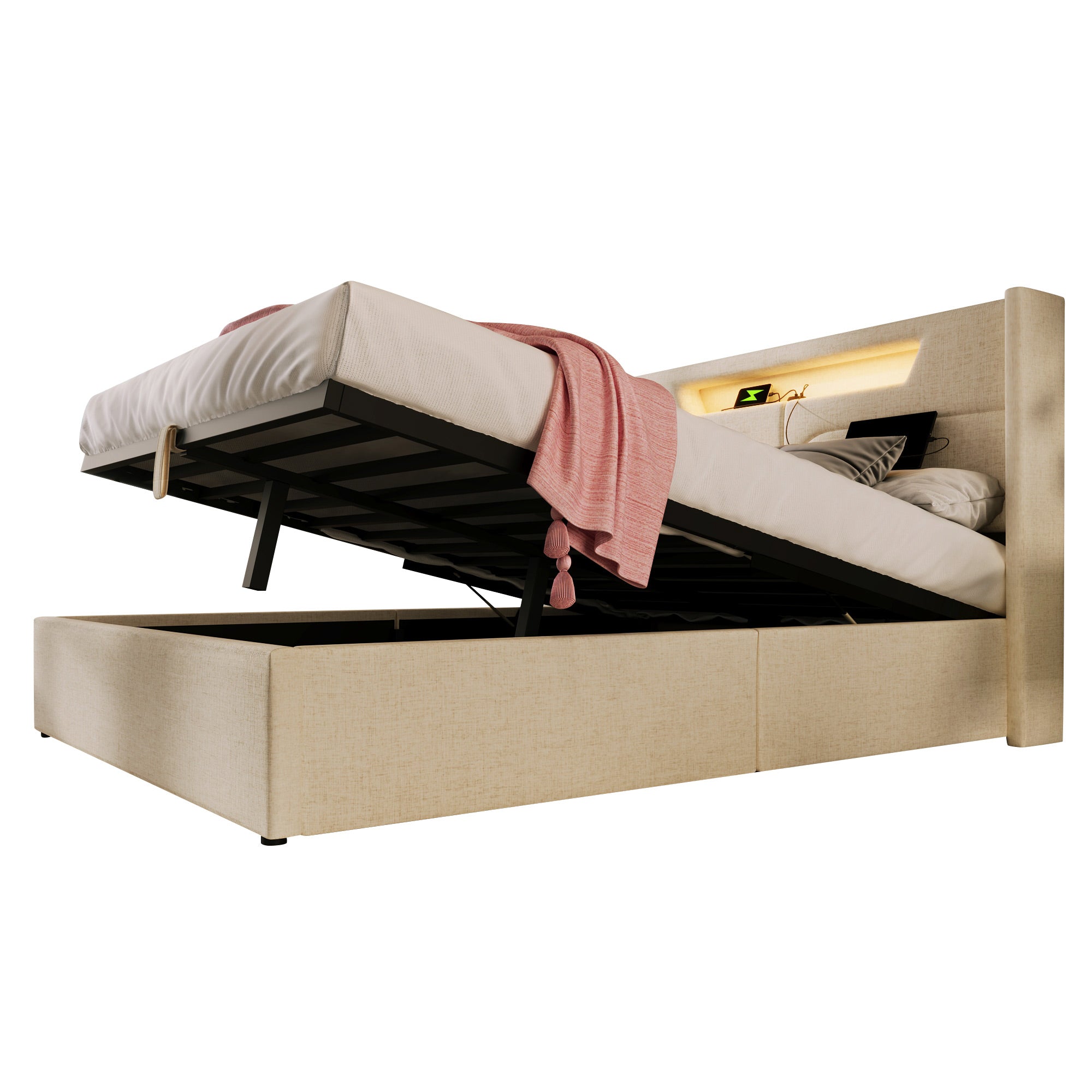 Upholstered Bed 160x200 LED USB-C Storage Slatted Base Linen