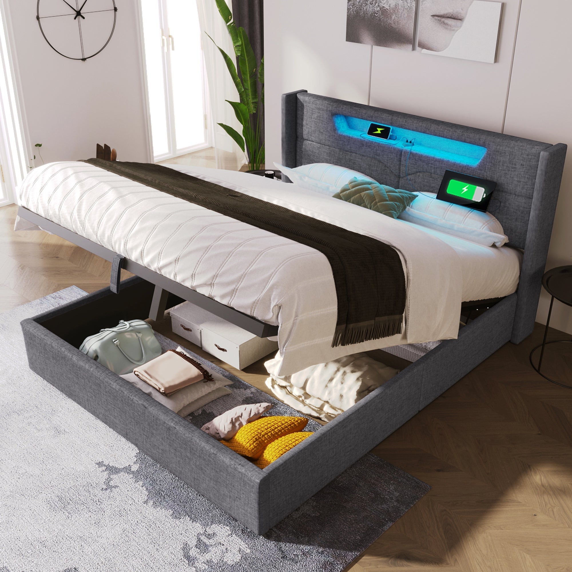 Upholstered Bed, LED Double with USB Type C Charging, Storage & Slatted Frame, Linen