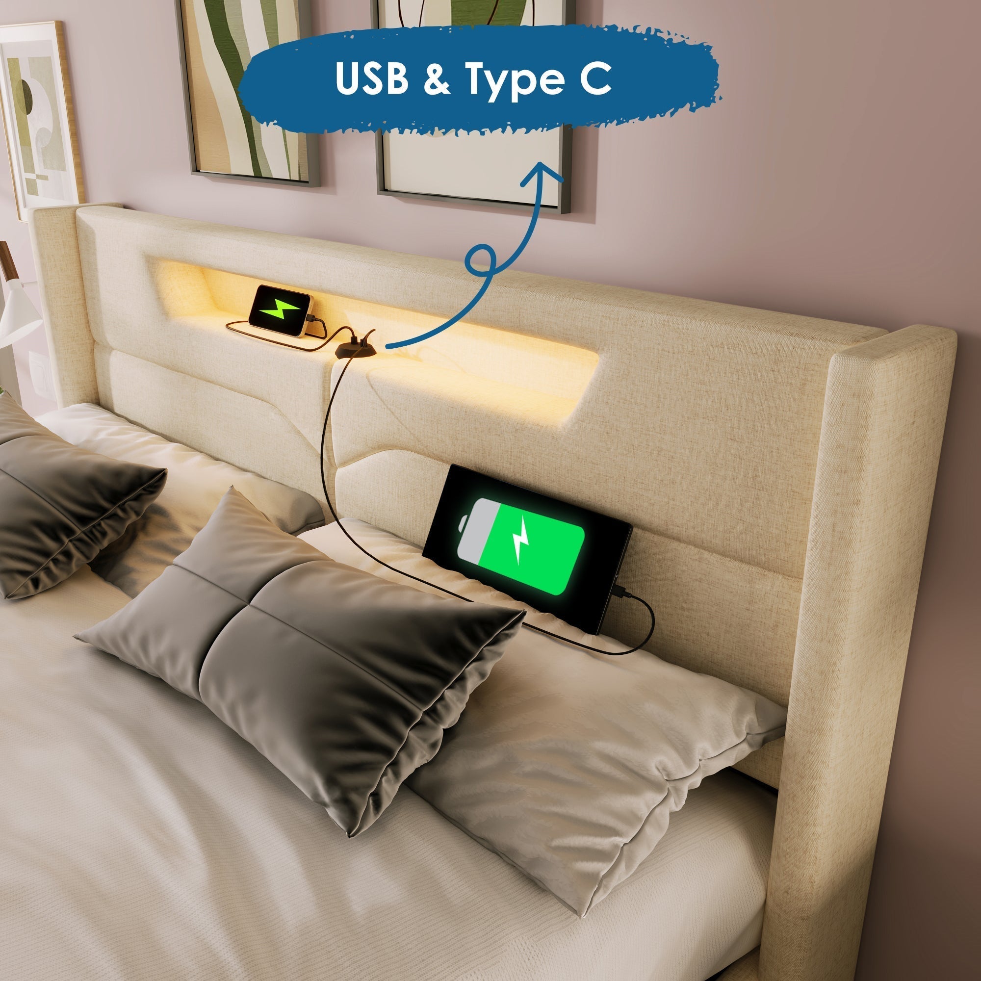 Upholstered Bed 160x200 LED USB-C Storage Slatted Base Linen