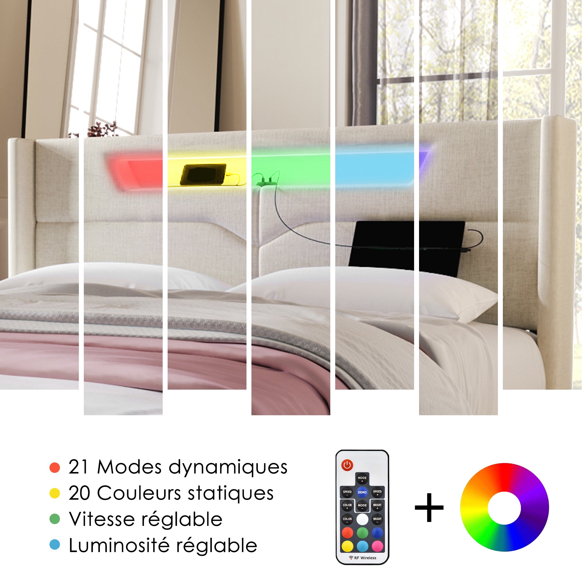 Upholstered Bed 140x200 Storage LED USB-C Slatted Base, Linen Material