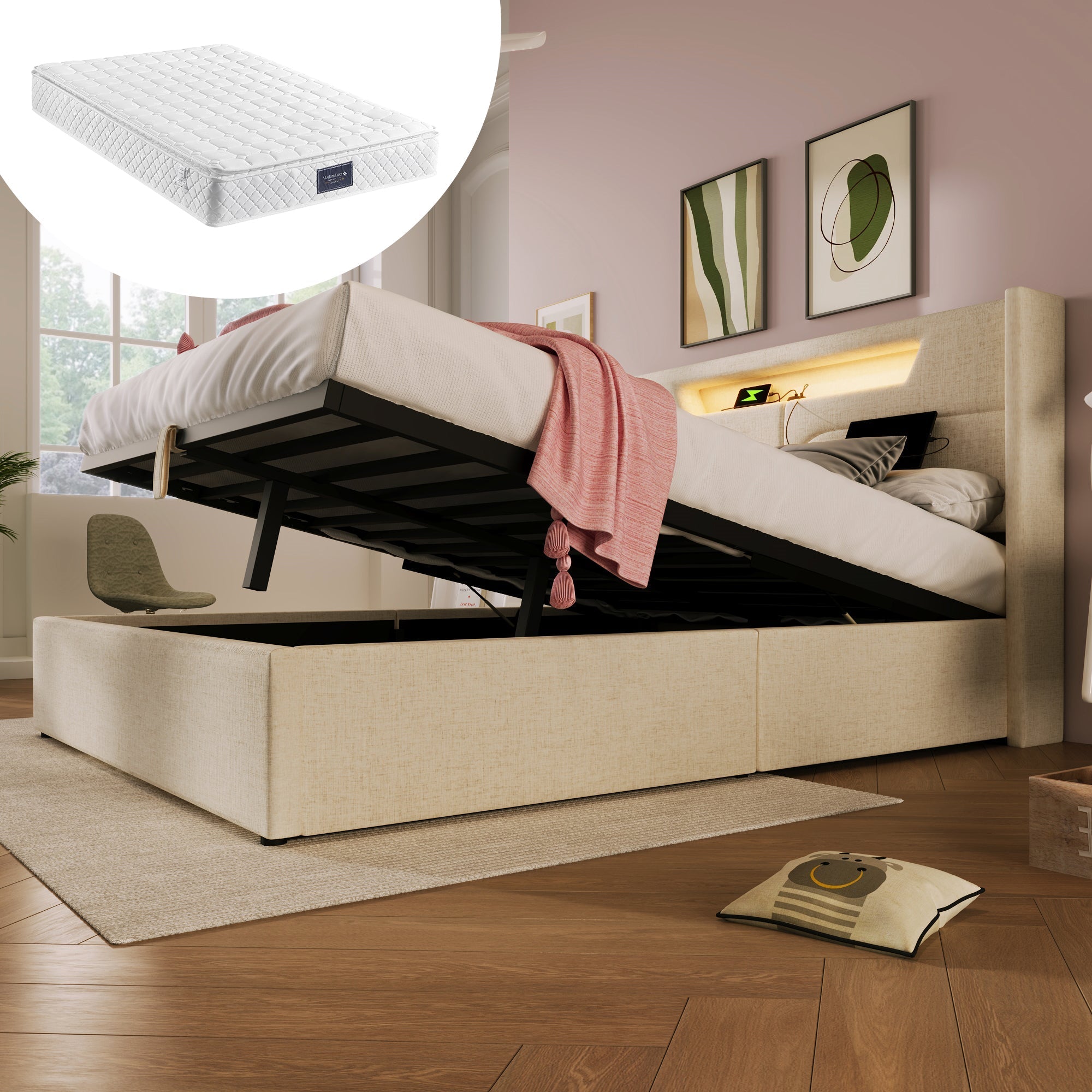 Upholstered Bed 140x200 LED USB-C Storage Slatted Base, Linen Material