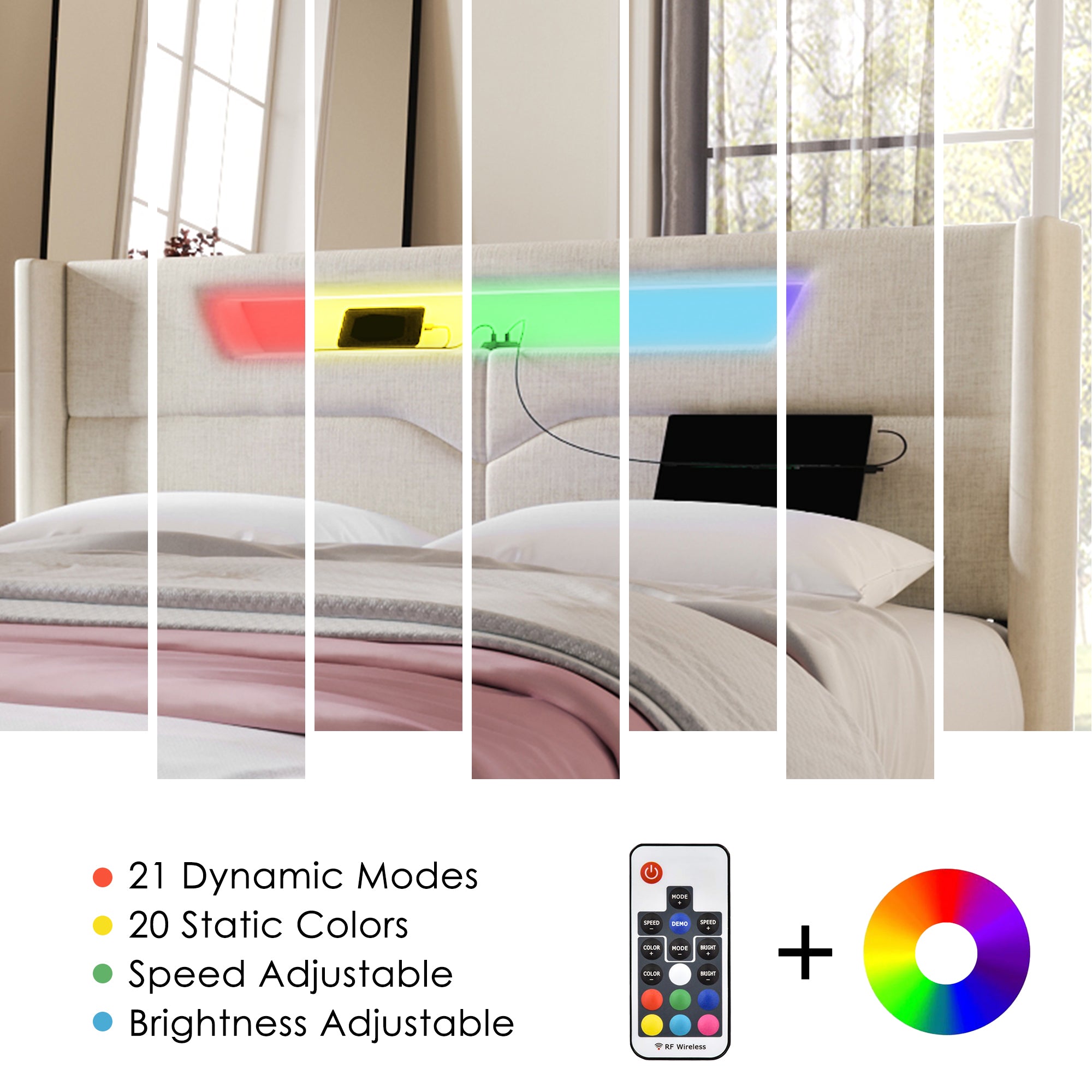 Upholstered Bed, LED Double with USB Type C & Storage, Linen