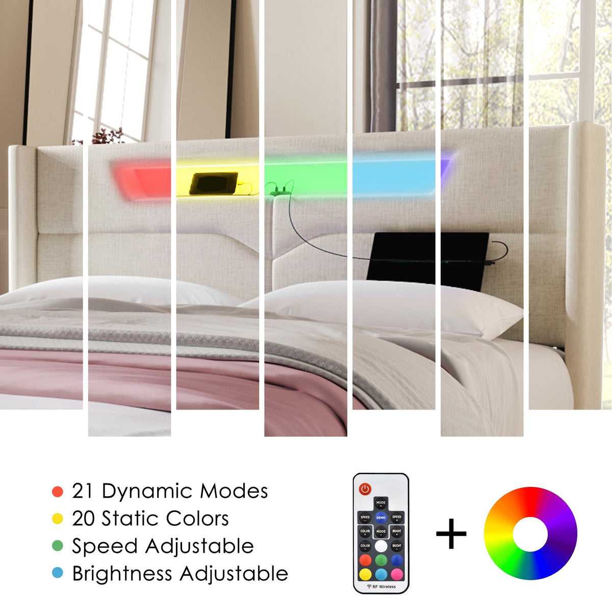 Upholstered Bed 160x200 LED USB-C Storage Slatted Base Linen