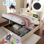 Upholstered Bed 140x200 Storage LED USB-C Slatted Base, Linen Material