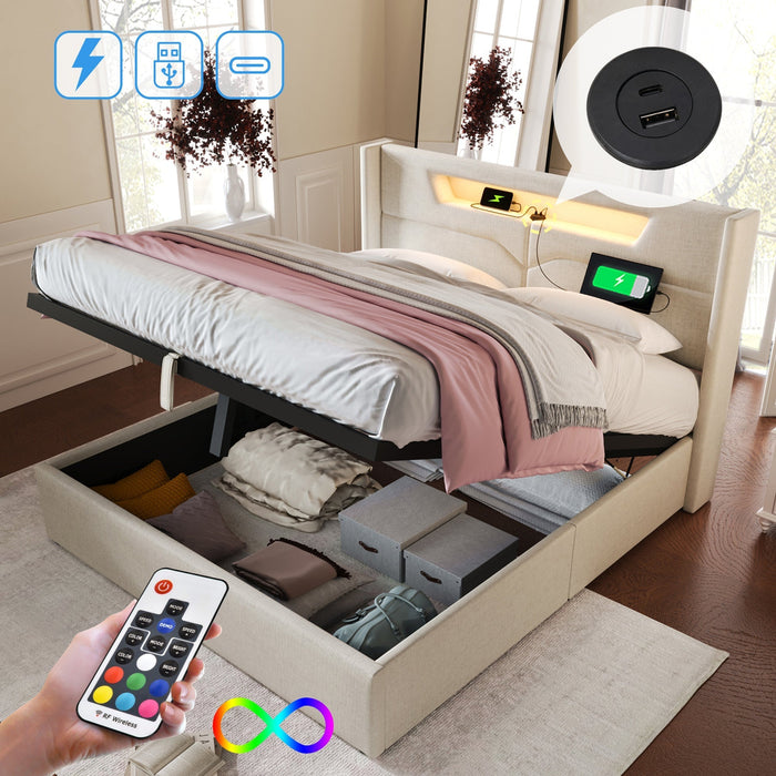 Upholstered Bed 160x200 LED USB-C Storage Slatted Base Linen