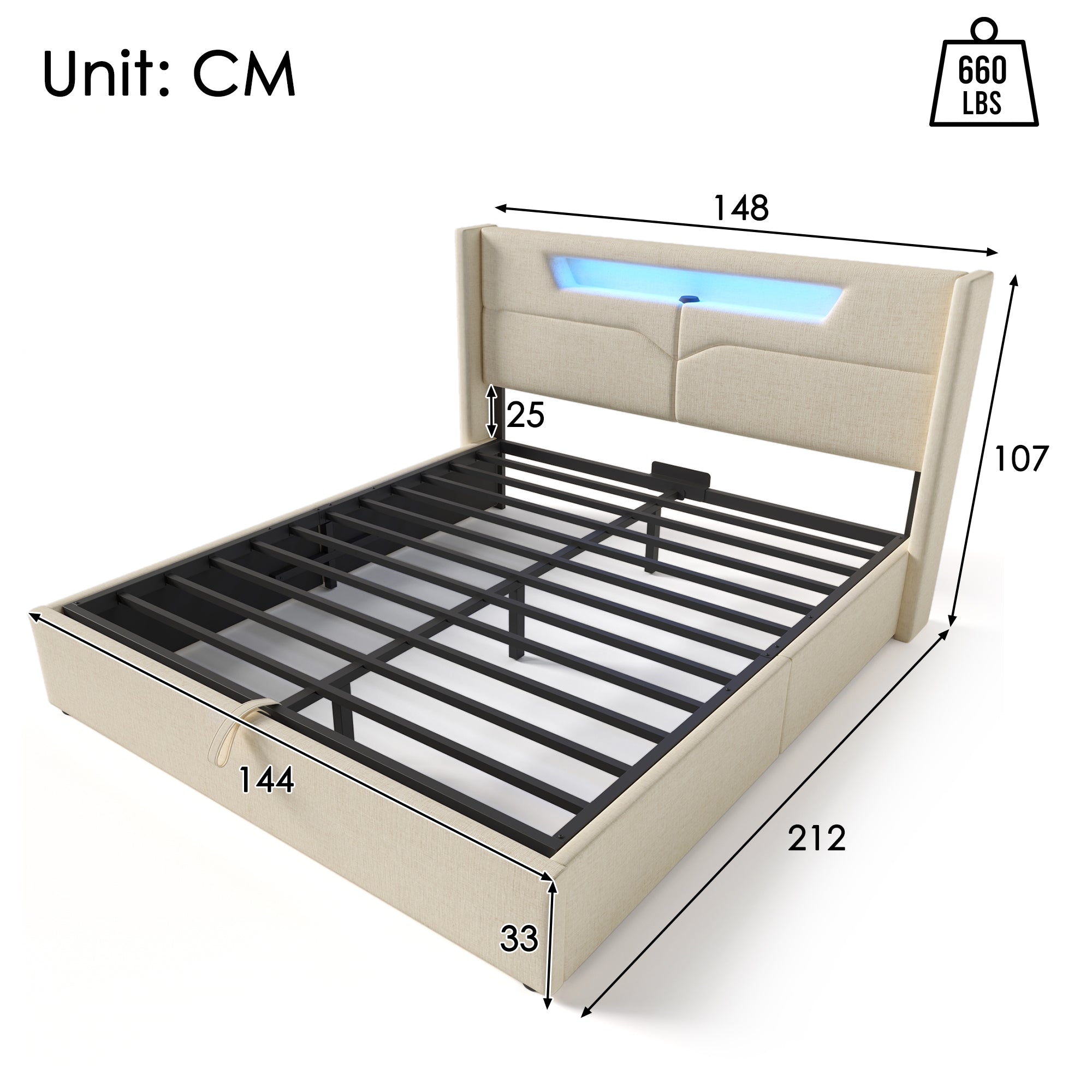 Upholstered Bed 140x200 Storage LED USB-C Slatted Base, Linen Material