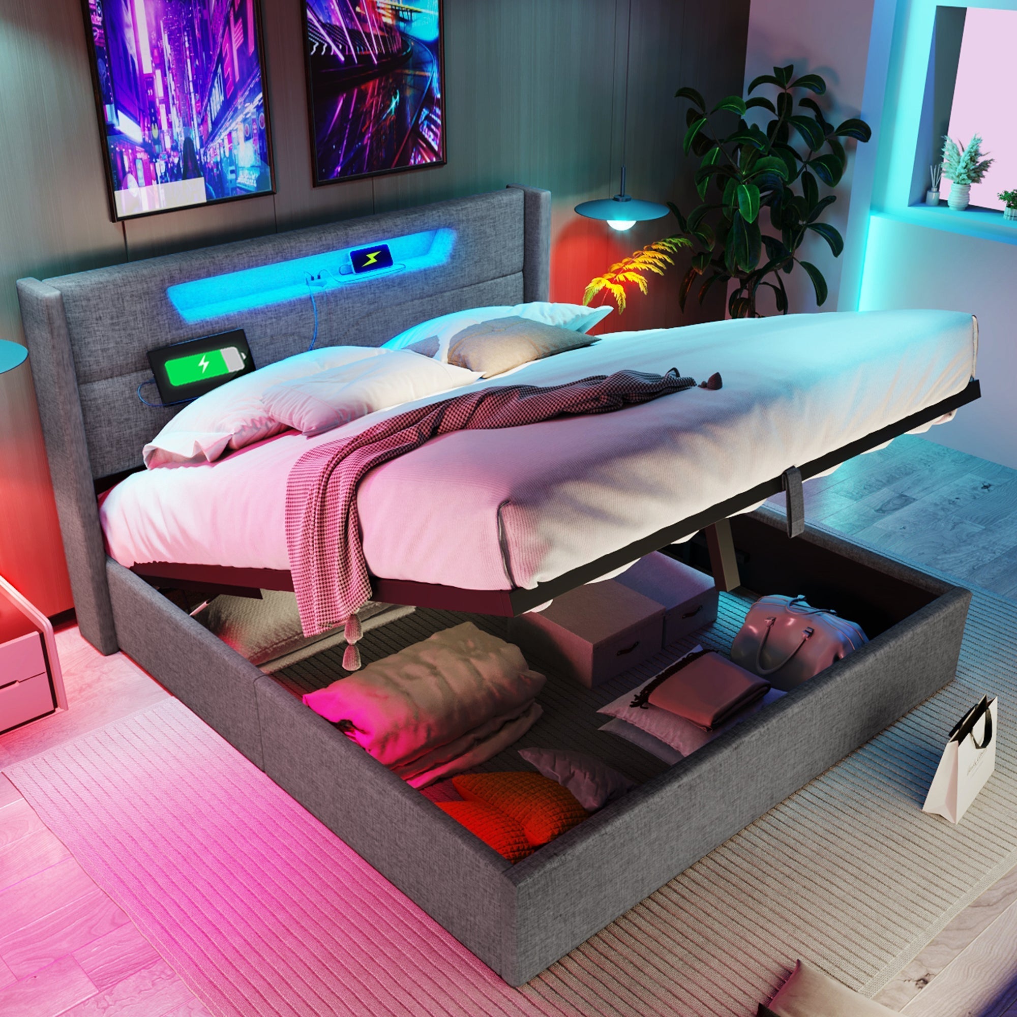 Upholstered Bed, LED Double with USB Type C Charging, Storage & Slatted Frame, Linen