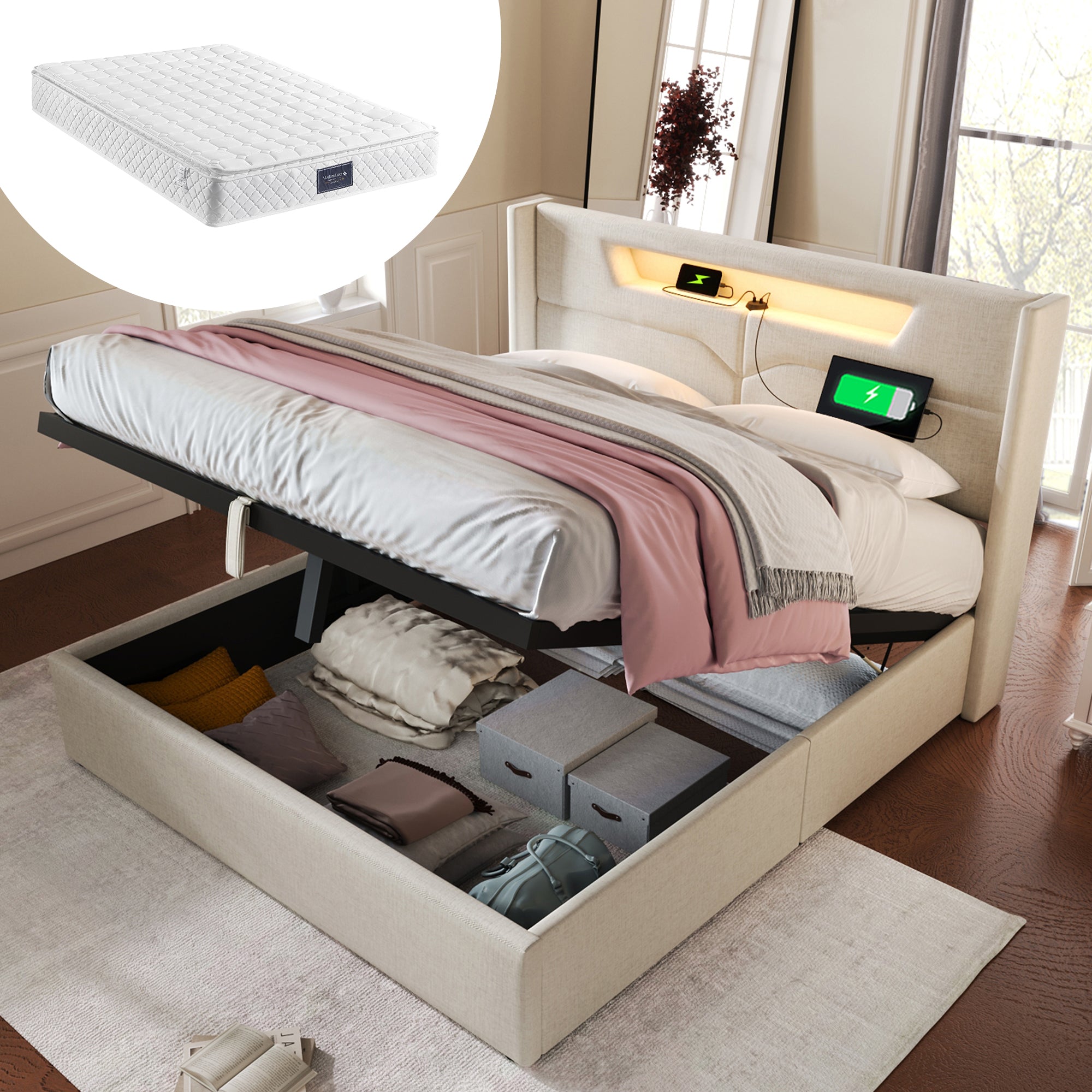 Upholstered Bed 140x200 LED USB-C Storage Slatted Base, Linen Material