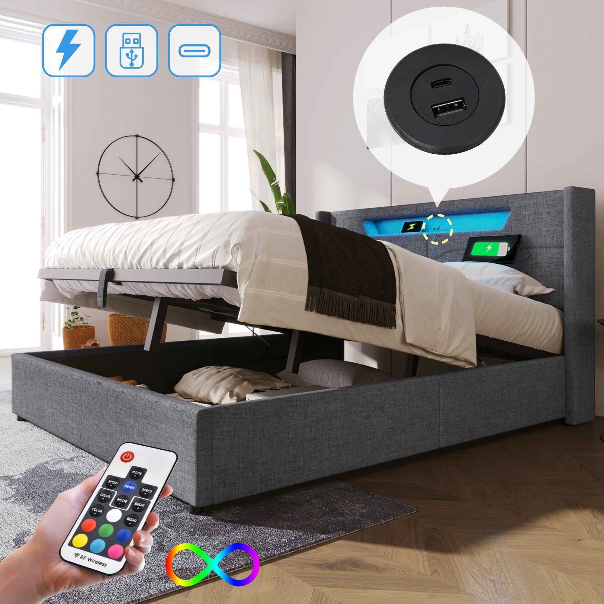 Upholstered Bed, LED Double with USB Type C & Storage, Linen