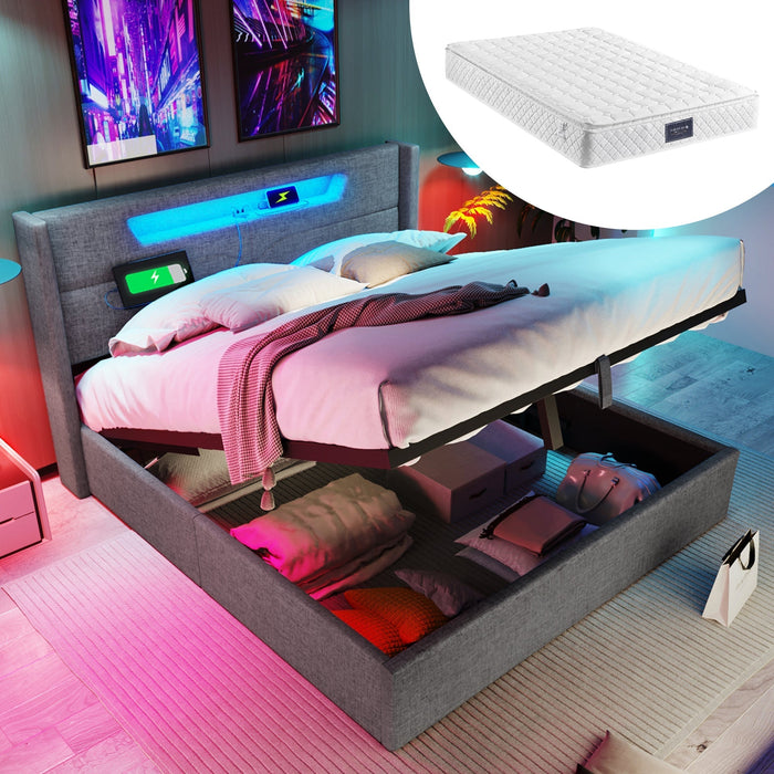 Upholstered Bed 140x200 LED USB-C Storage Slatted Base with Mattress, Linen