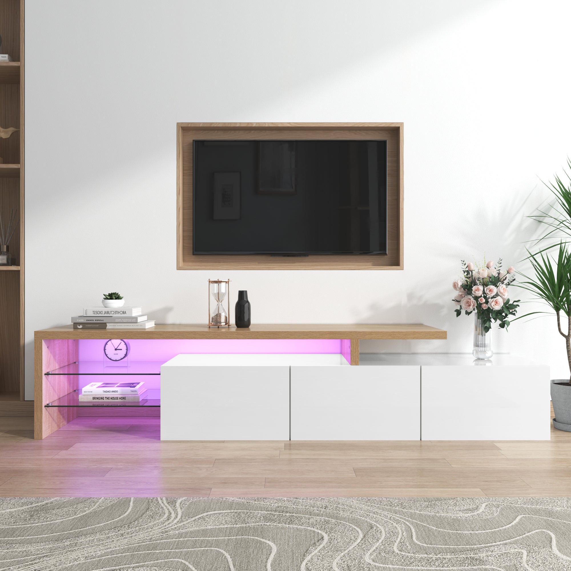 TV Cabinet, Modern High-Gloss with Glass Shelves & LED Lighting, White Wood