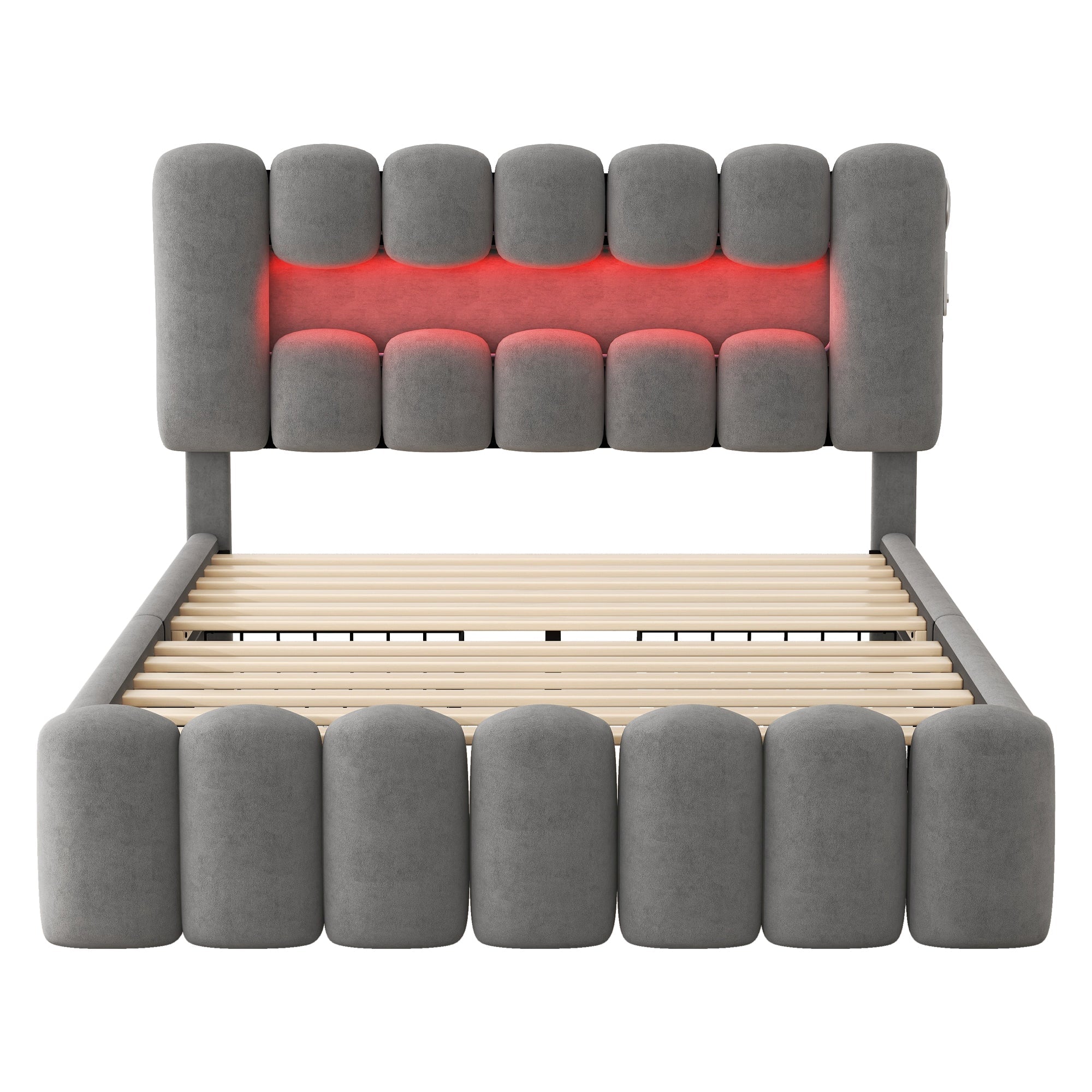 Upholstered Bed 140x200 with 4 Drawers, LED Light Strip, USB, Stereo System, Grey