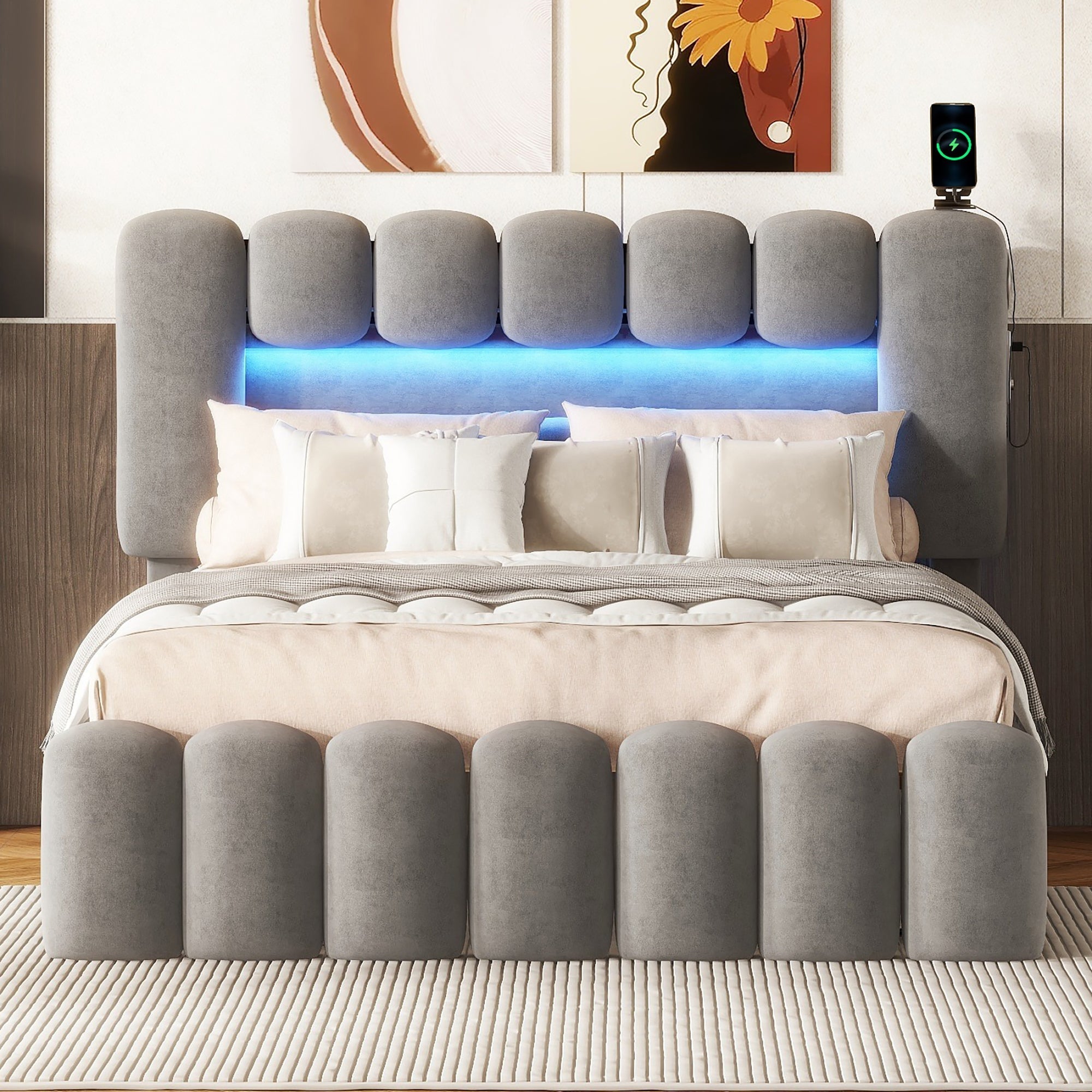 Upholstered Bed 140x200 with 4 Drawers, LED Light Strip, USB, Stereo System, Grey