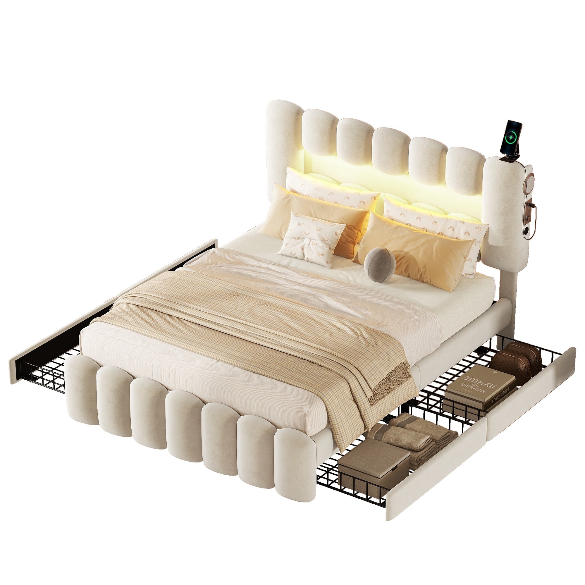 Upholstered Bed 140x200cm with 4 Drawers LED Light USB Stereo System Beige