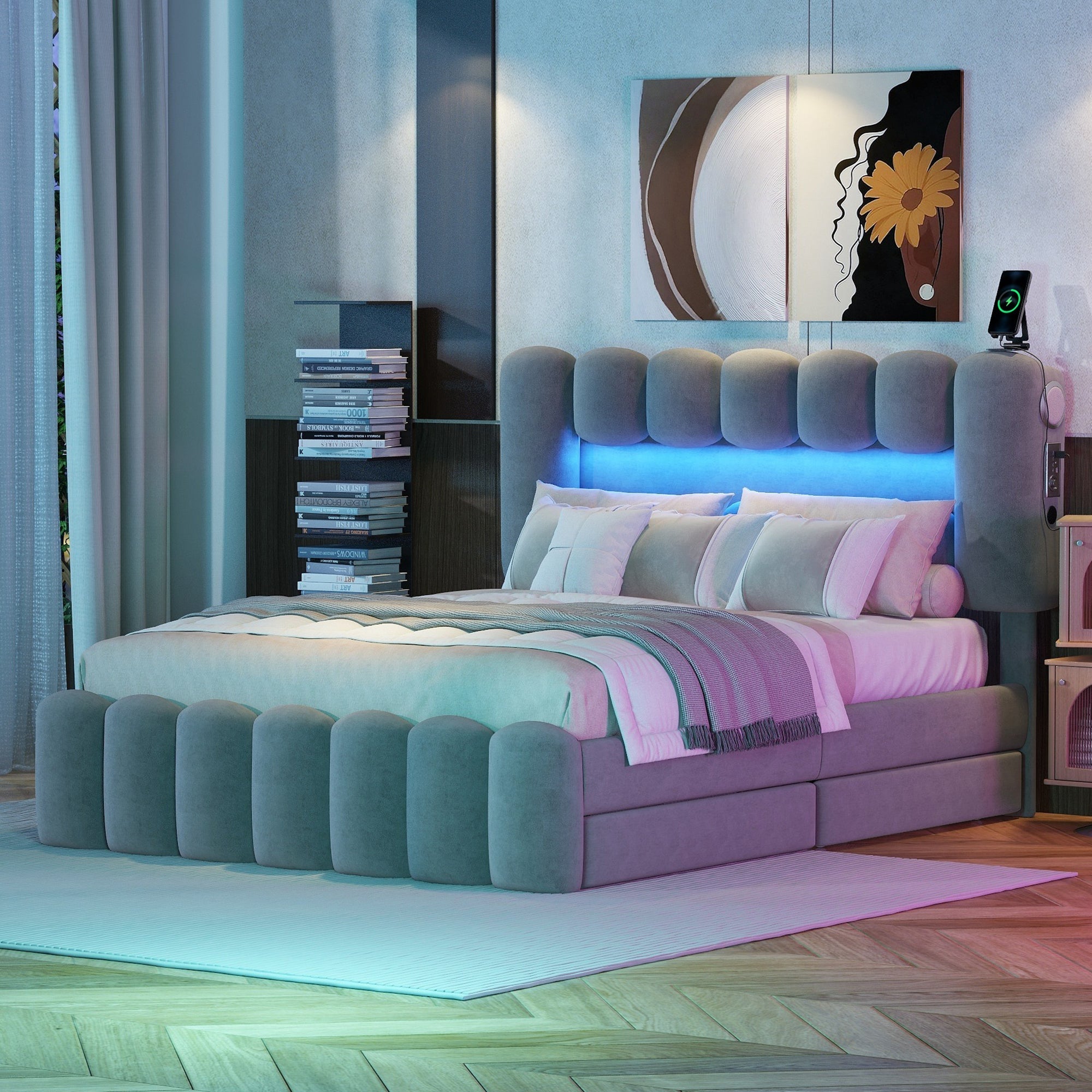 Upholstered Bed 140x200 with 4 Drawers, LED Light Strip, USB, Stereo System, Grey