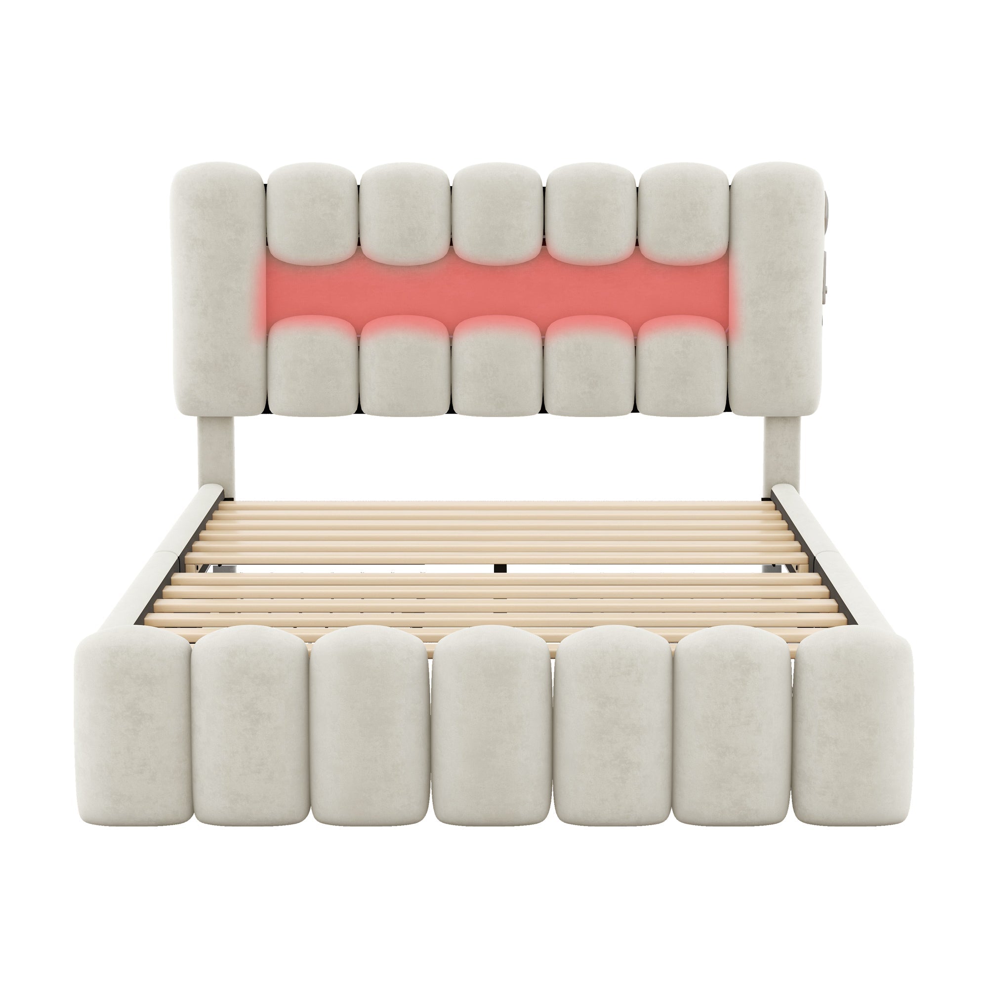 Upholstered Bed 140x200cm with 4 Drawers LED Light USB Stereo System Beige