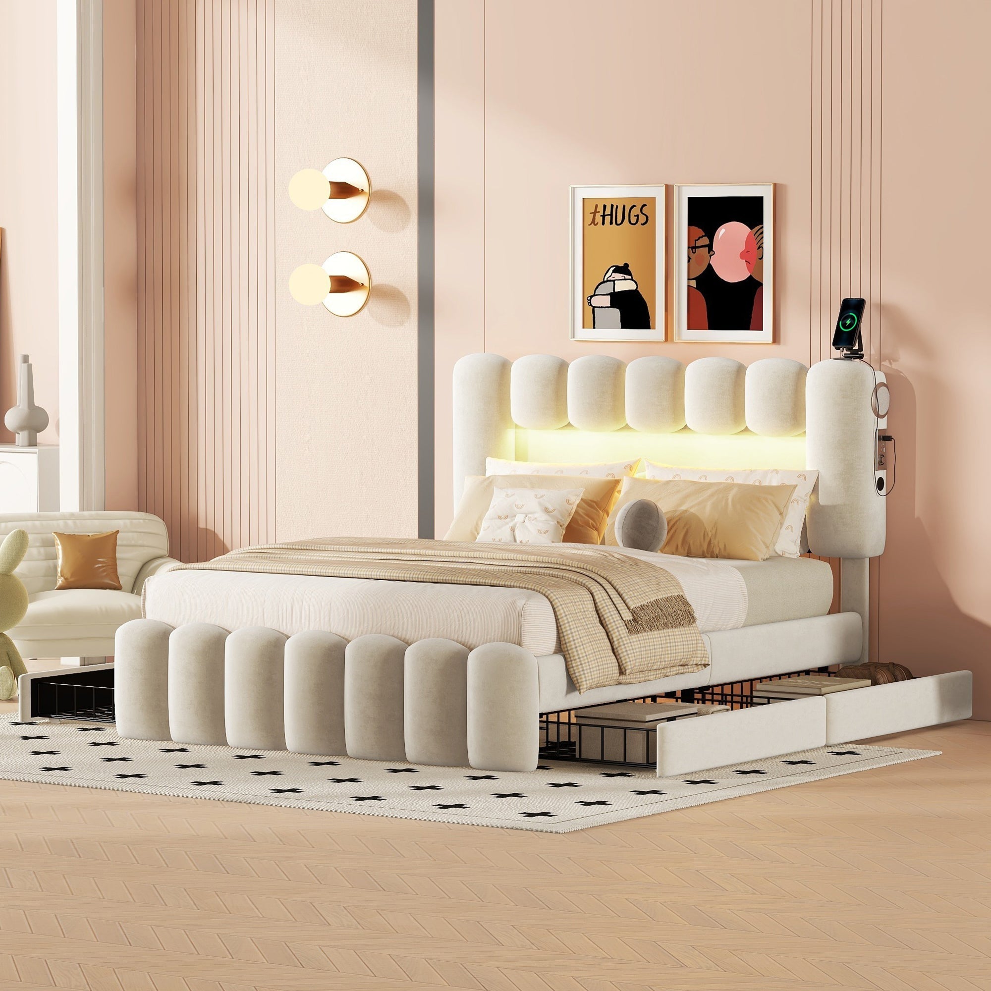 Upholstered Bed 140x200cm with 4 Drawers LED Light USB Stereo System Beige