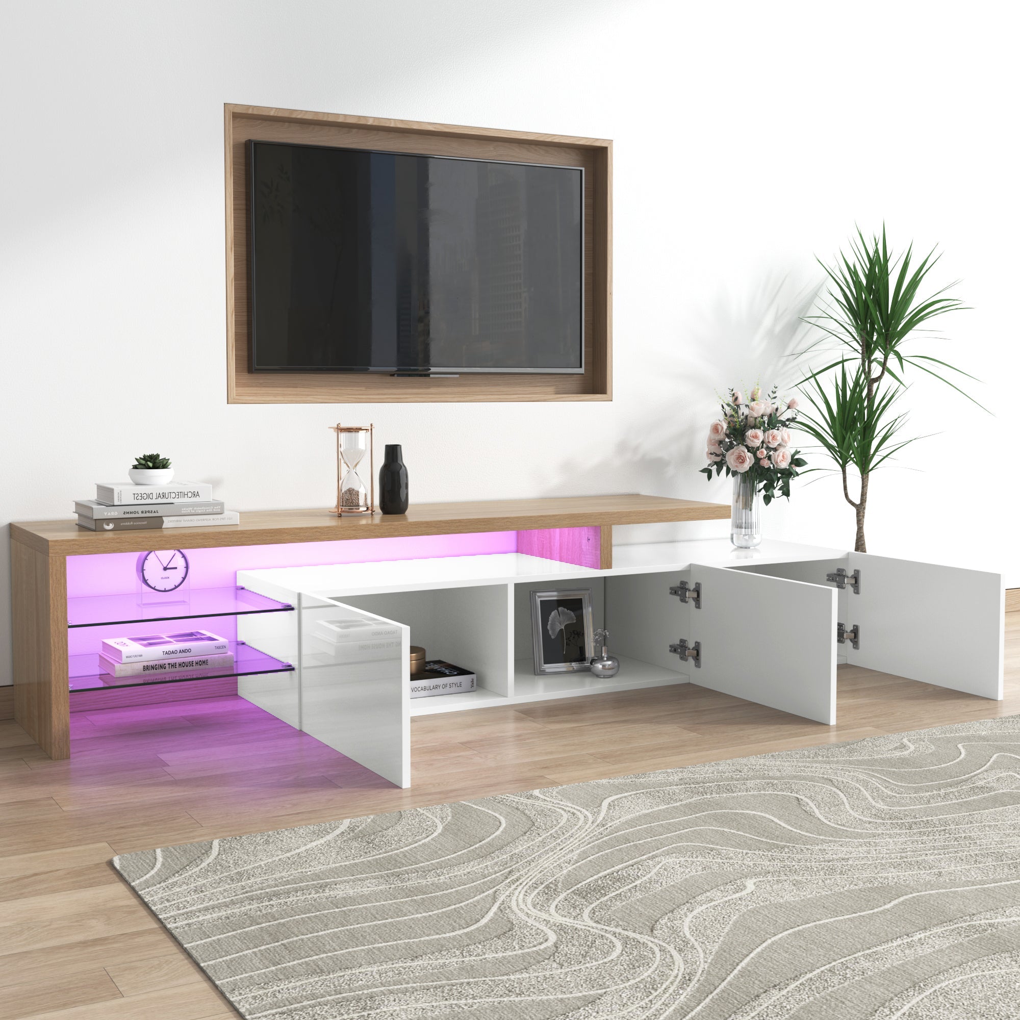 TV Cabinet, Modern High-Gloss with Glass Shelves & LED Lighting, White Wood