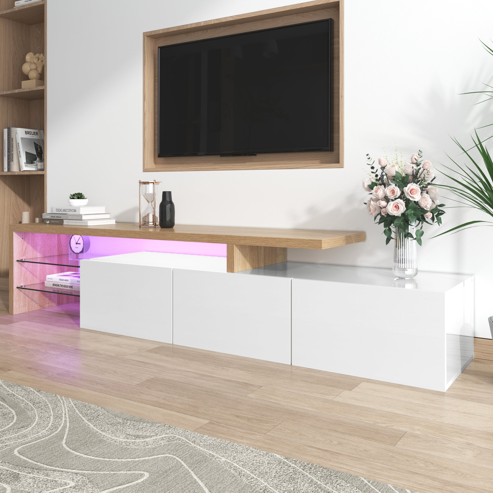 TV Cabinet, Modern High-Gloss with Glass Shelves & LED Lighting, White Wood