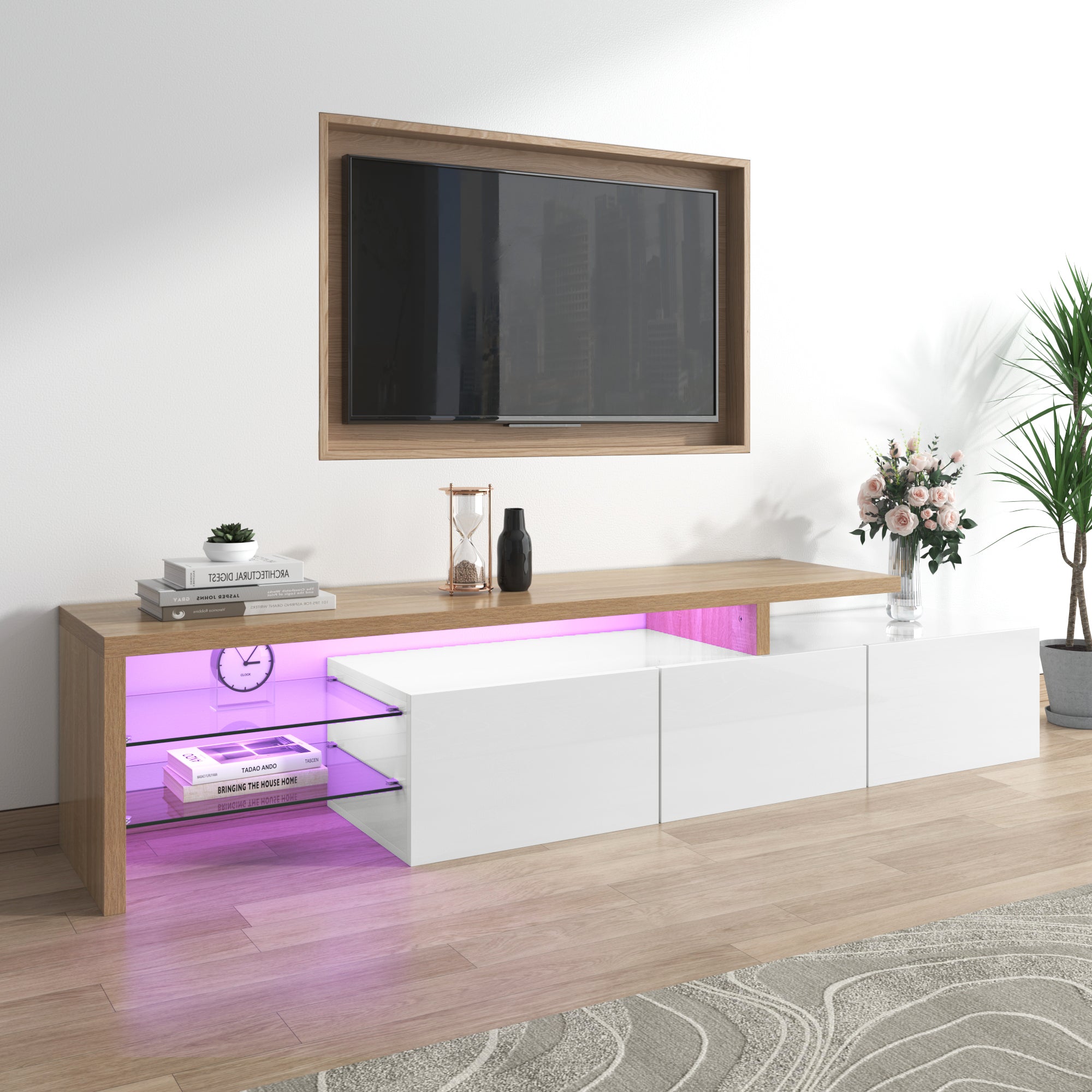 TV Cabinet, Modern High-Gloss with Glass Shelves & LED Lighting, White Wood