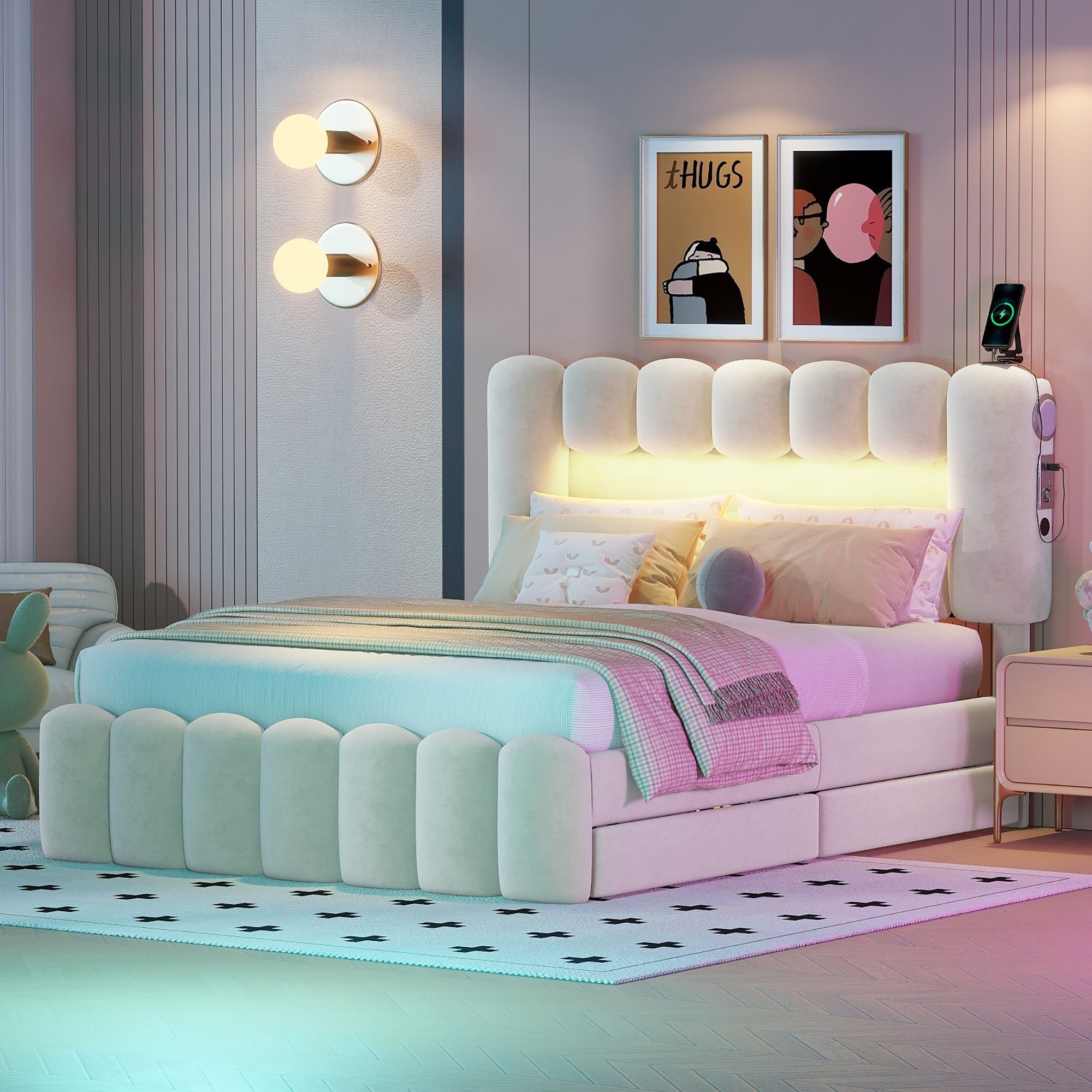 Upholstered Bed 140x200cm with 4 Drawers LED Light USB Stereo System Beige