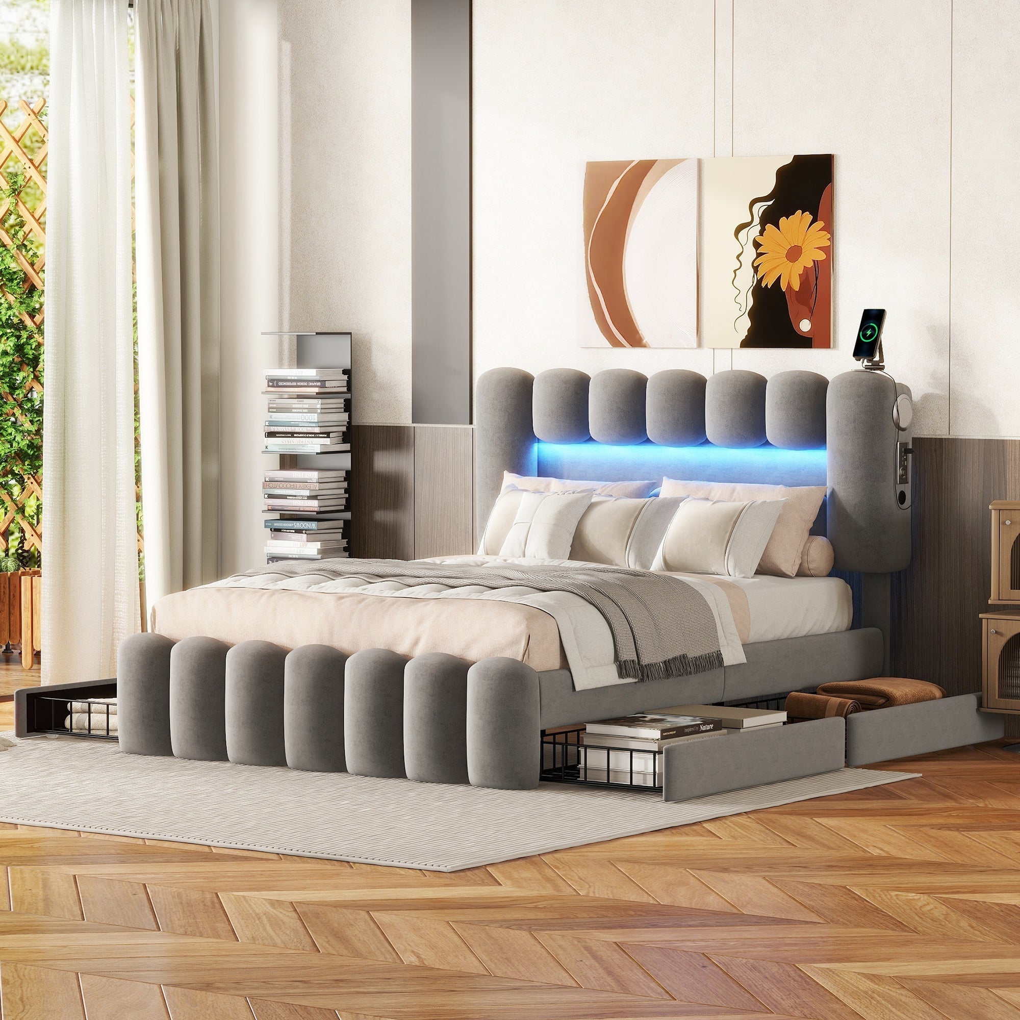 Upholstered Bed 140x200 with 4 Drawers, LED Light Strip, USB, Stereo System, Grey