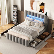 Upholstered Bed 140x200 with 4 Drawers, LED Light Strip, USB, Stereo System, Grey