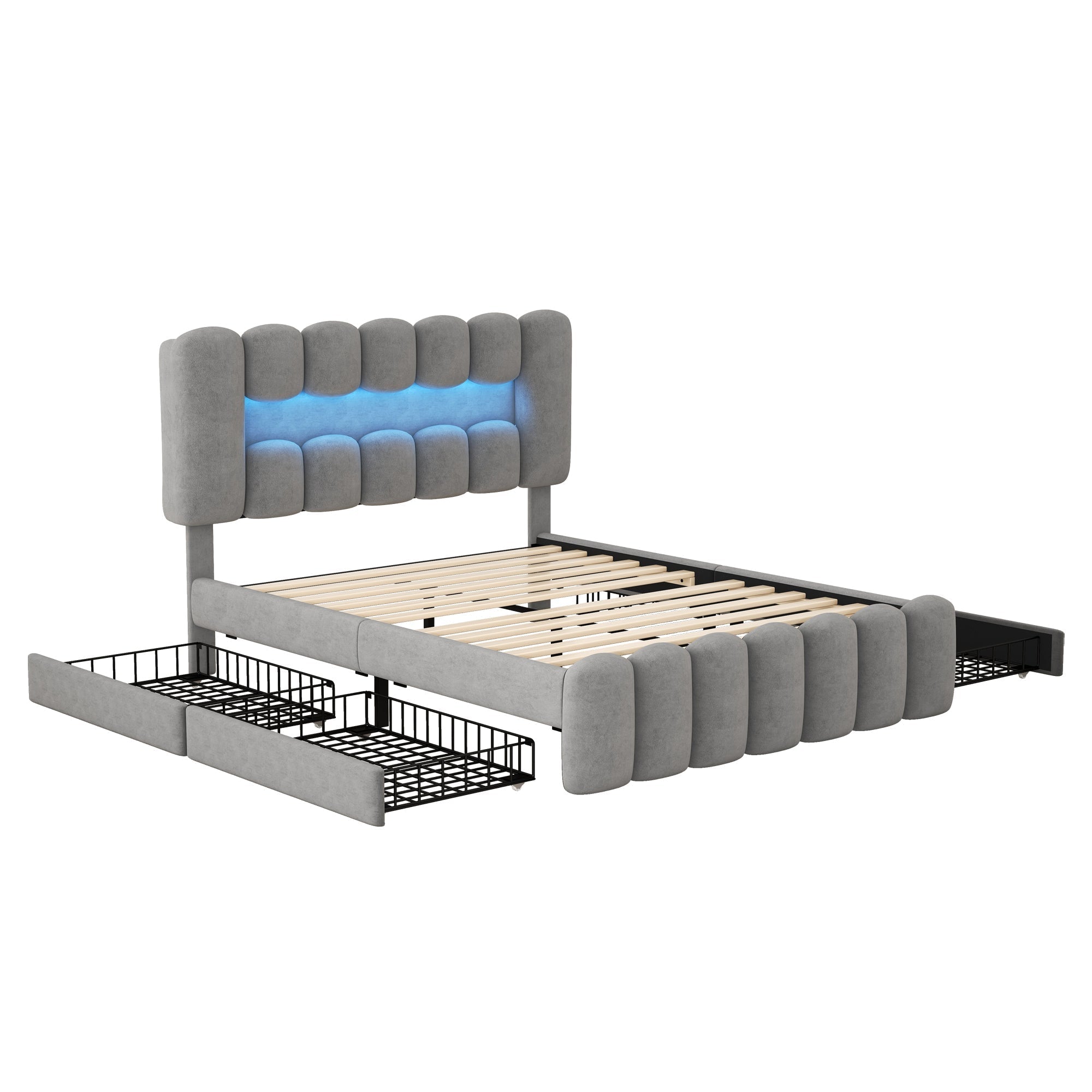 Upholstered Bed 140x200 with 4 Drawers, LED Light Strip, USB, Stereo System, Grey