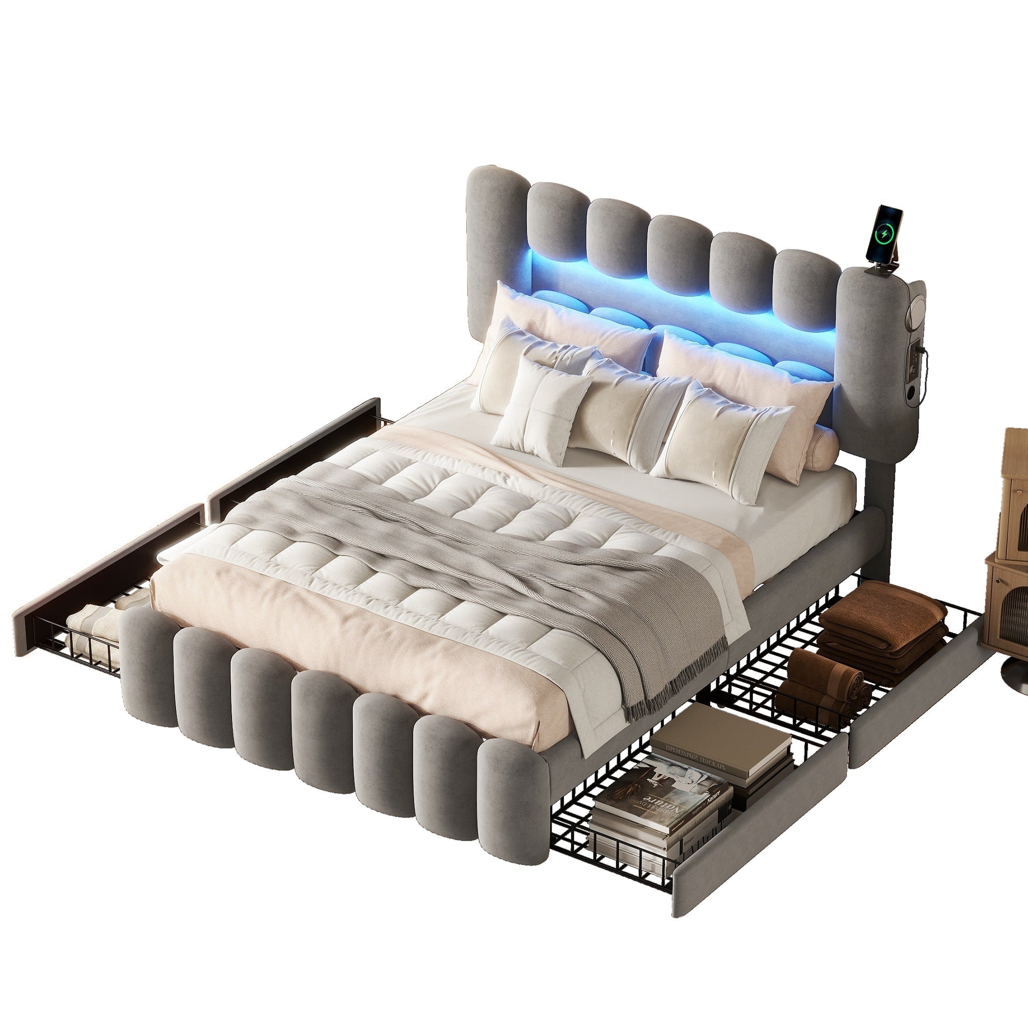 Upholstered Bed 140x200 with 4 Drawers, LED Light Strip, USB, Stereo System, Grey