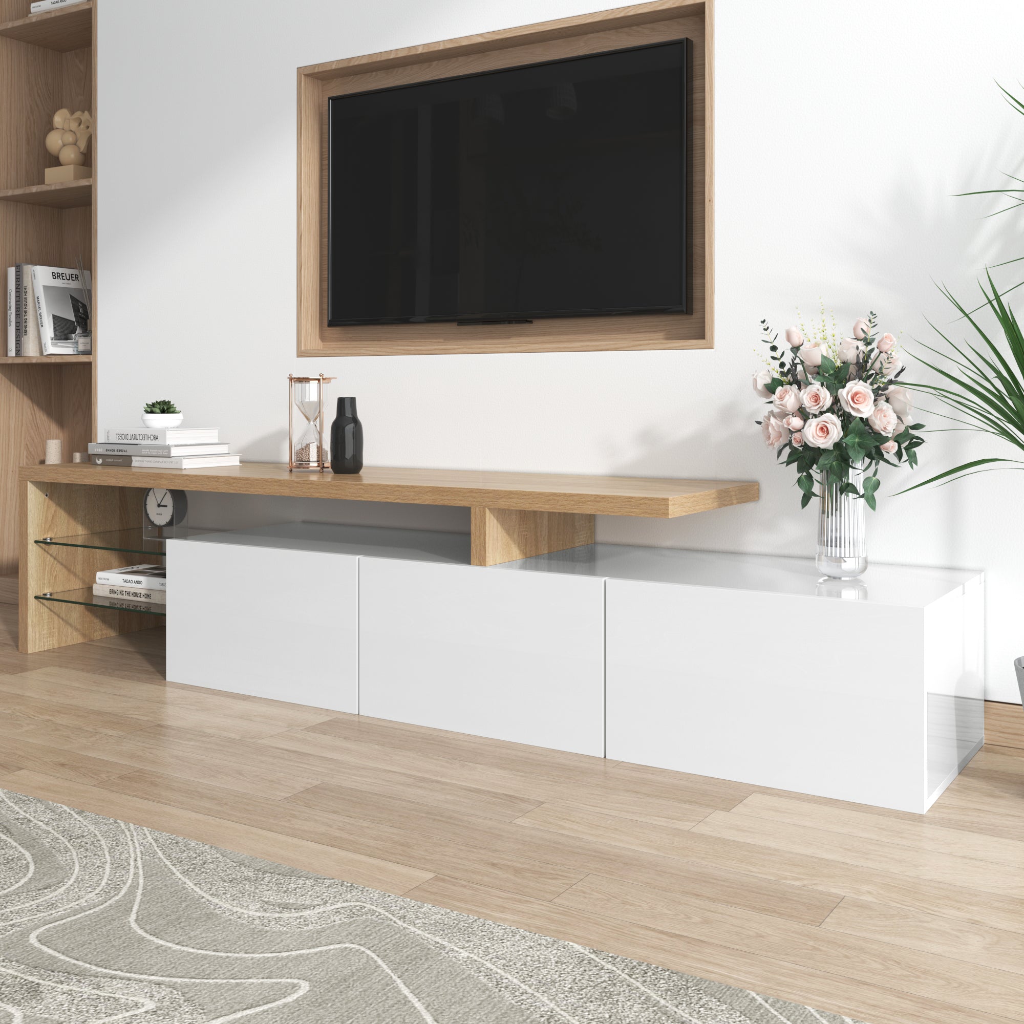 TV Cabinet, Modern High-Gloss with Glass Shelves & LED Lighting, White Wood