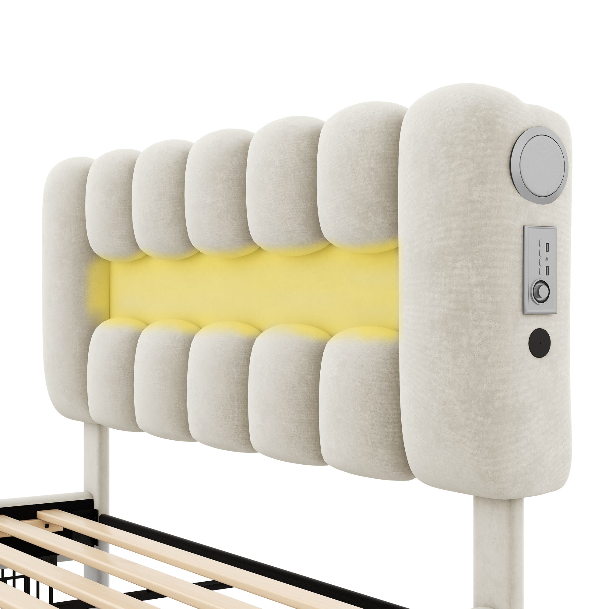 Upholstered Bed 140x200cm with 4 Drawers LED Light USB Stereo System Beige