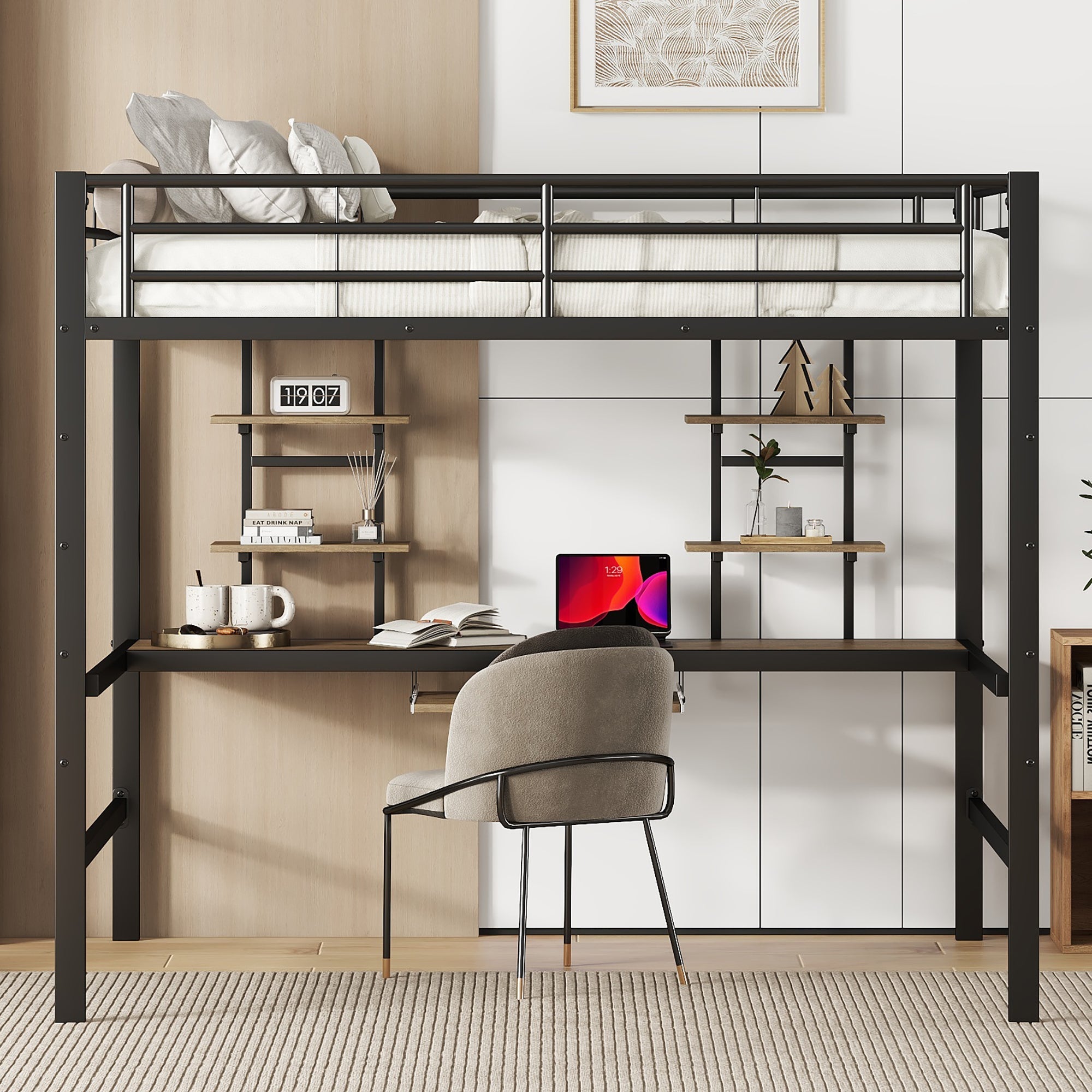 Loft Bed, Desk & 2 Bookshelves, 140x200cm, Black Metal Frame