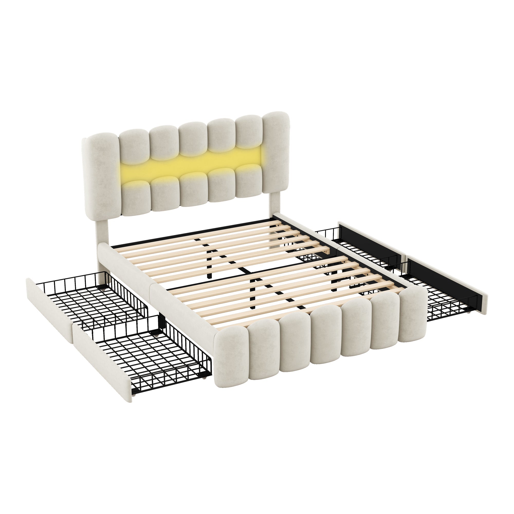 Upholstered Bed 140x200cm with 4 Drawers LED Light USB Stereo System Beige